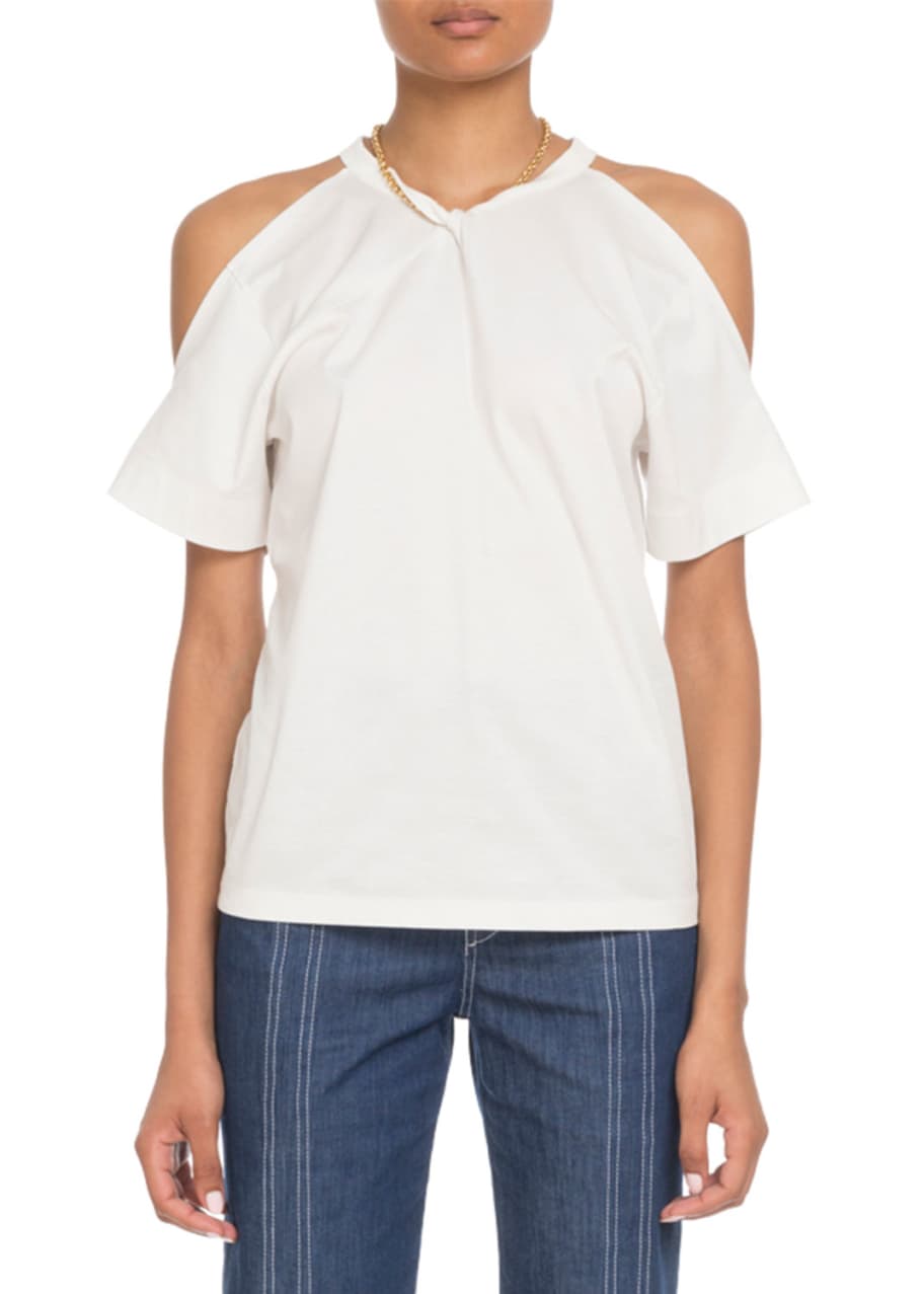 Image 1 of 1: Cold-Shoulder Chain-Neck Cotton T-Shirt