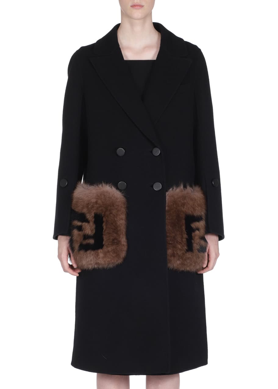 Double Breasted Wool Coat w Logo Fur Pockets