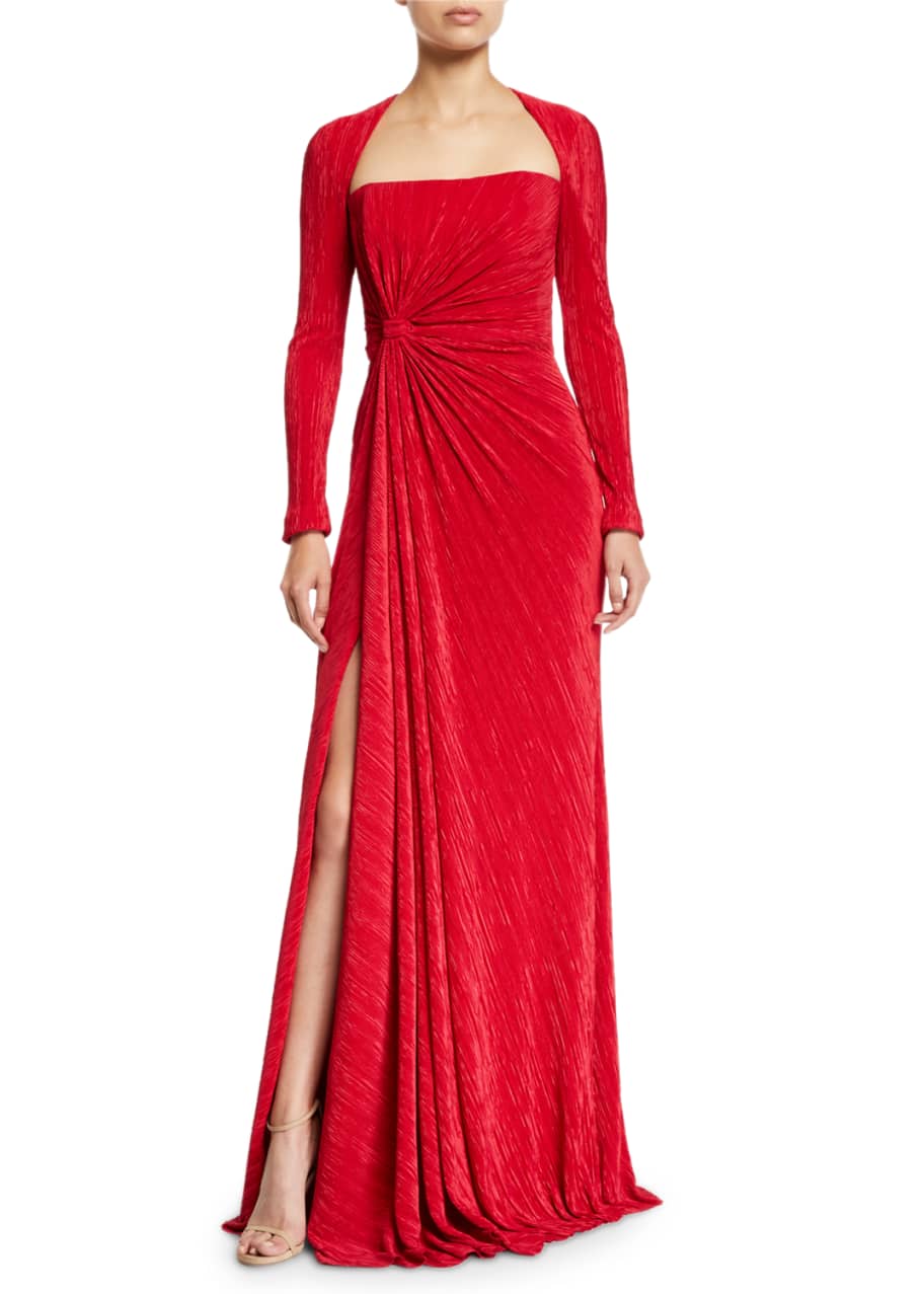 Badgley Mischka Collection Fortuni Knotted Long-Sleeve Drape Dress ...