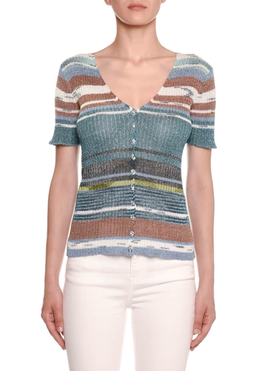 Image 1 of 1: Striped Knit Short-Sleeve Cardigan