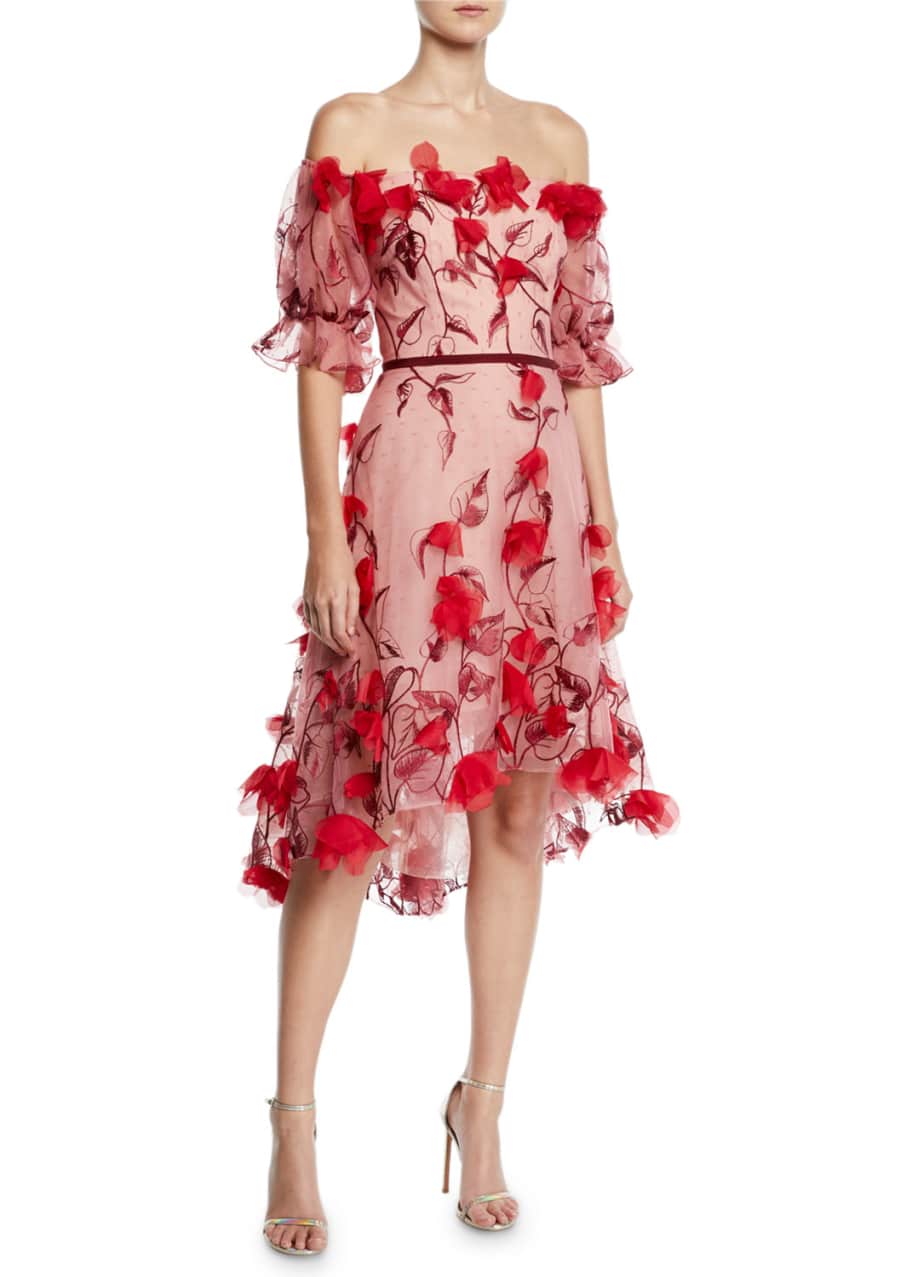 Marchesa Notte Off the Shoulder 3D Floral Embroidered Cocktail