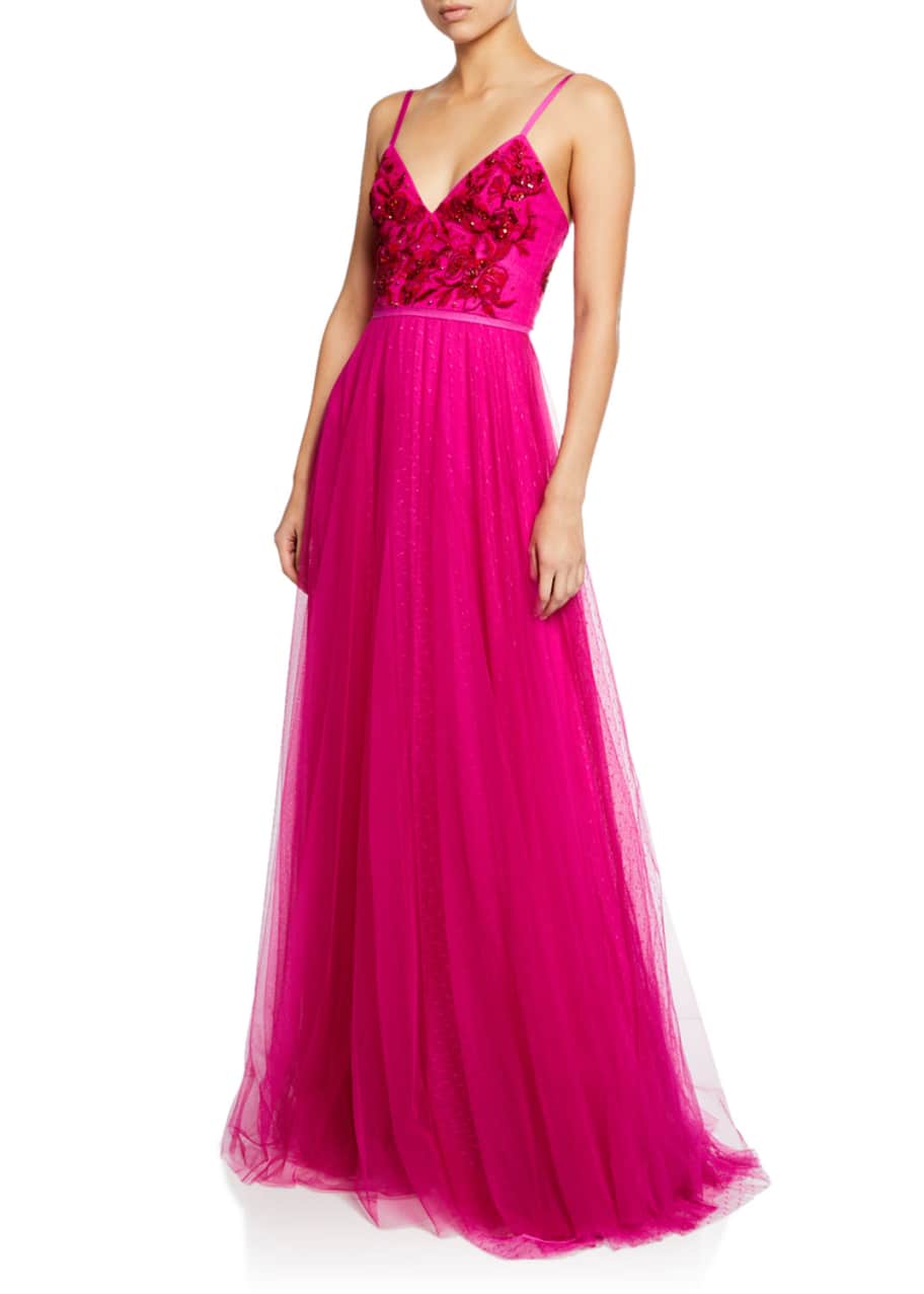 Marchesa notte v on sale neck embroidered gown