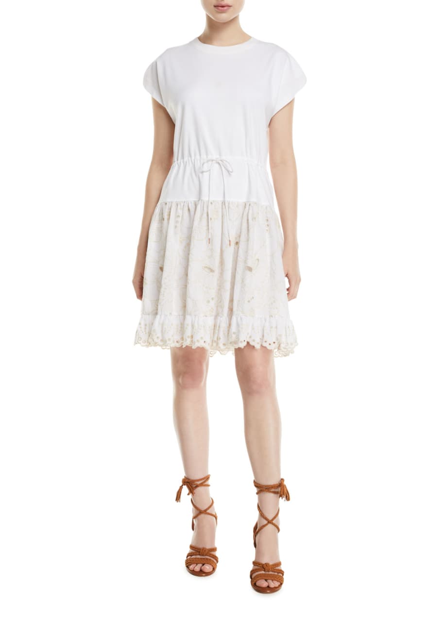 Image 1 of 1: Short-Sleeve Cotton Dress with Lace Combo