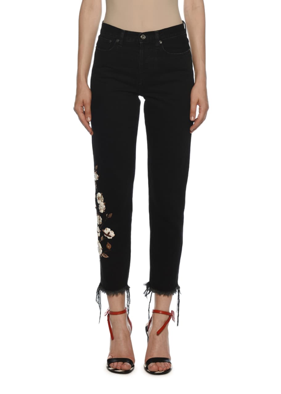 Image 1 of 1: Mid-Rise Floral-Embroidered Crop Jeans