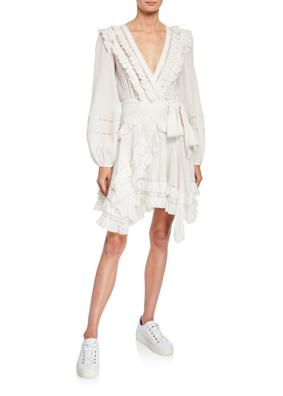 Image 1 of 1: Moncur Frill Wrap Short Dress w/ Lace Trim