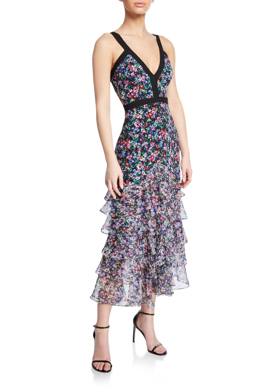 Saloni Lana Floral V-Neck Tiered Flounce Dress - Bergdorf Goodman