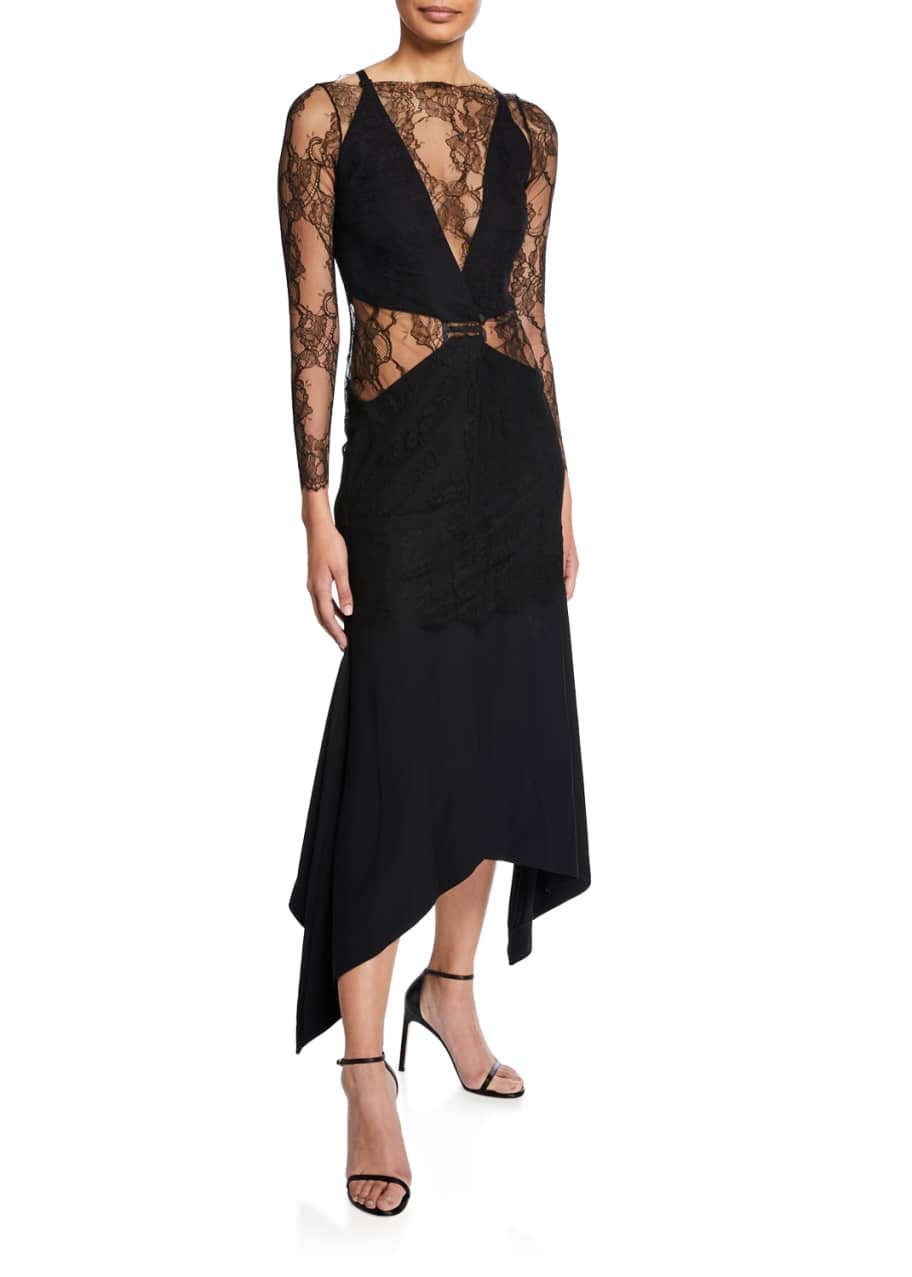 Dion Lee Long-Sleeve Asymmetric Lace Illusion Dress - Bergdorf Goodman