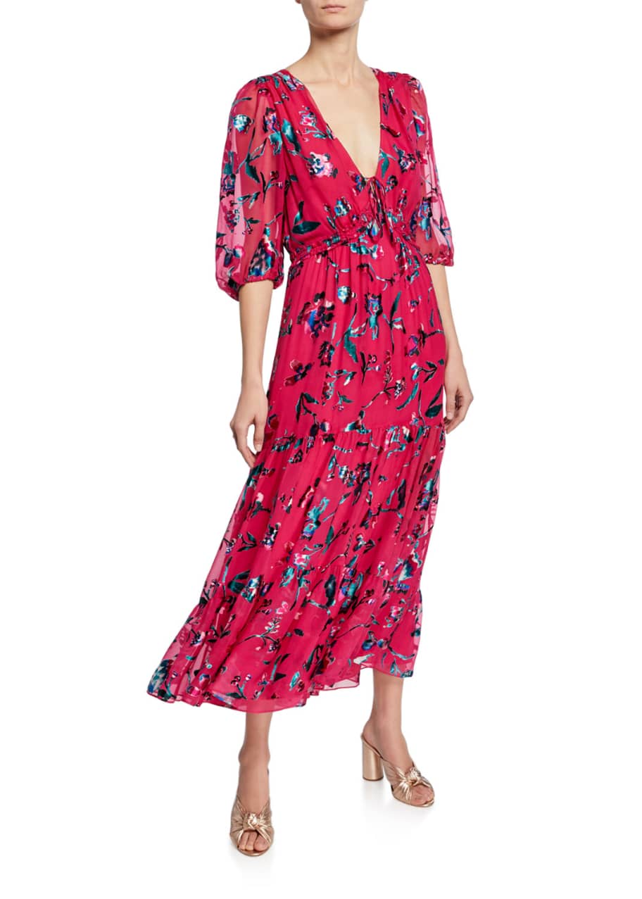 Dulce Floral Burnout V Neck Ruffle Dress