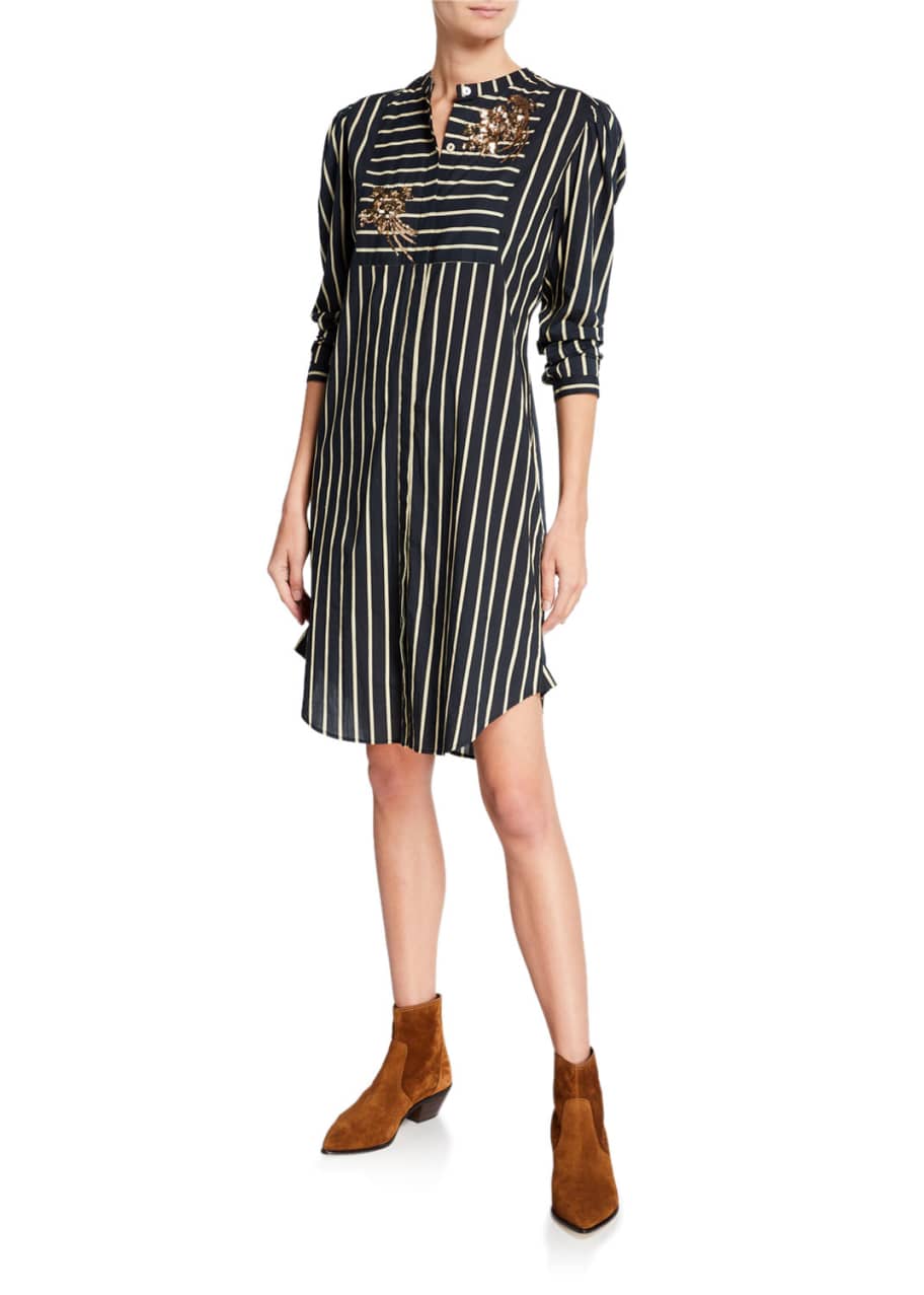 Image 1 of 1: Perine Long-Sleeve Embroidered Striped Shirtdress