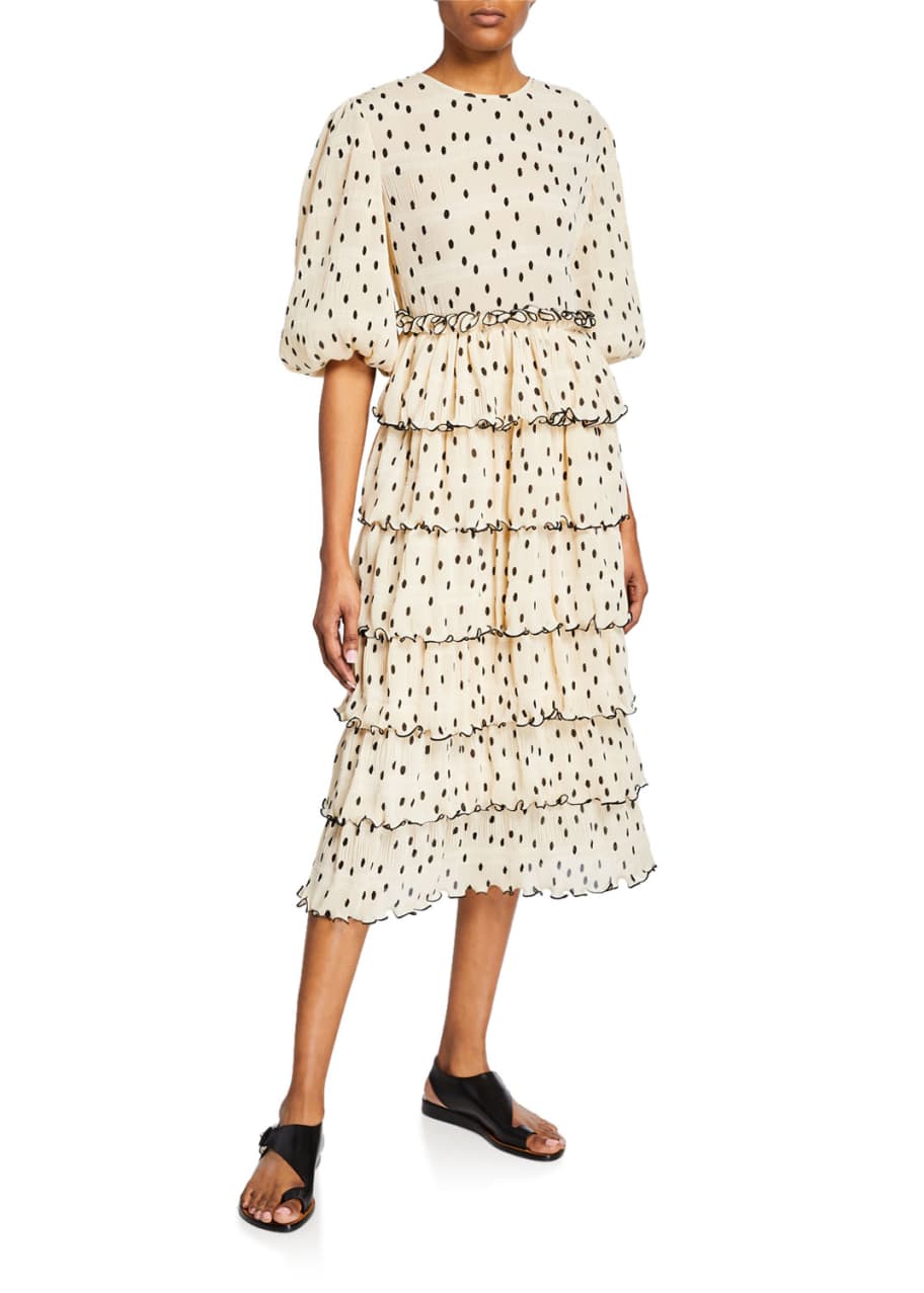 Ganni Dot-Print Plisse Blouson-Sleeve Tiered Midi Dress - Bergdorf Goodman