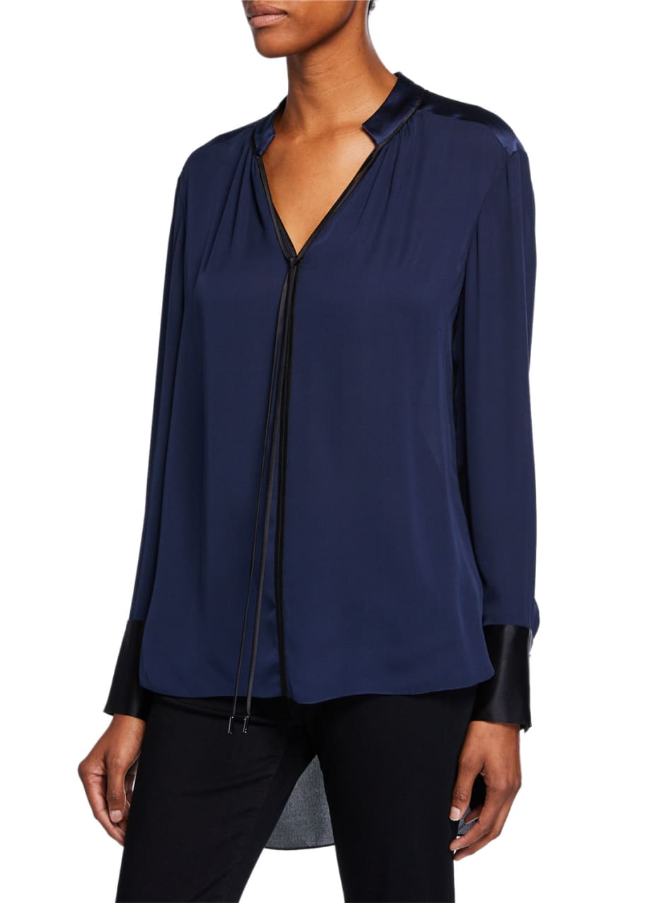 Shree V Neck Long Sleeve High Low Silk Blouse