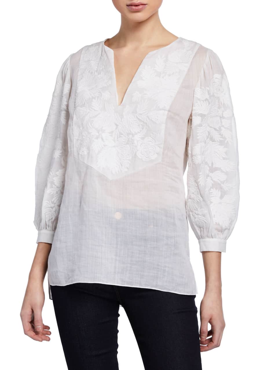 Image 1 of 1: Serilda Embroidered 3/4-Sleeve Linen Blouse