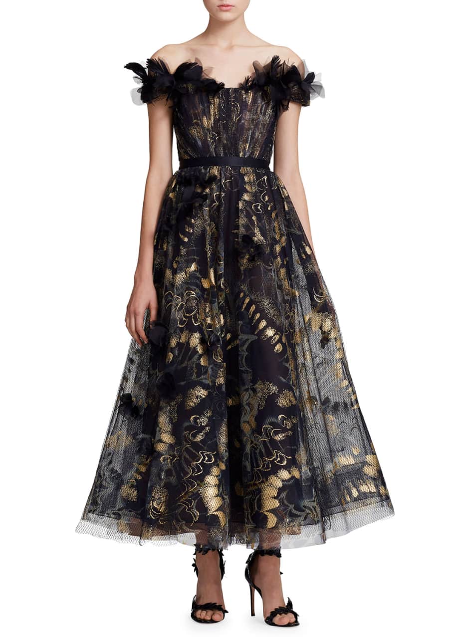 Marchesa Off-The-Shoulder Foiled Floral Tea-Length Gown - Bergdorf Goodman