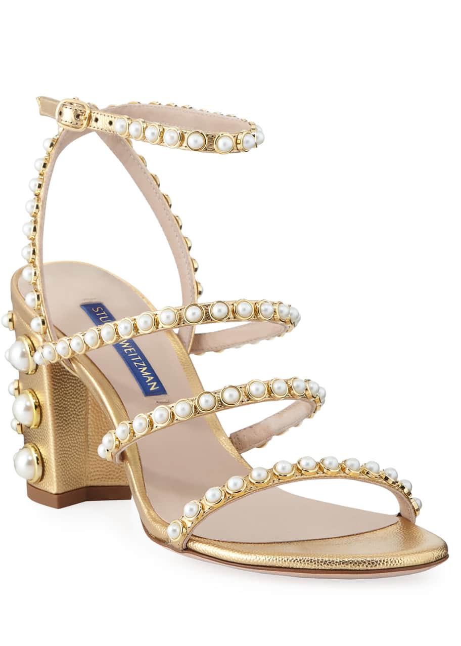 Stuart Weitzman Peridot Pearly Embellished Sandals Gold