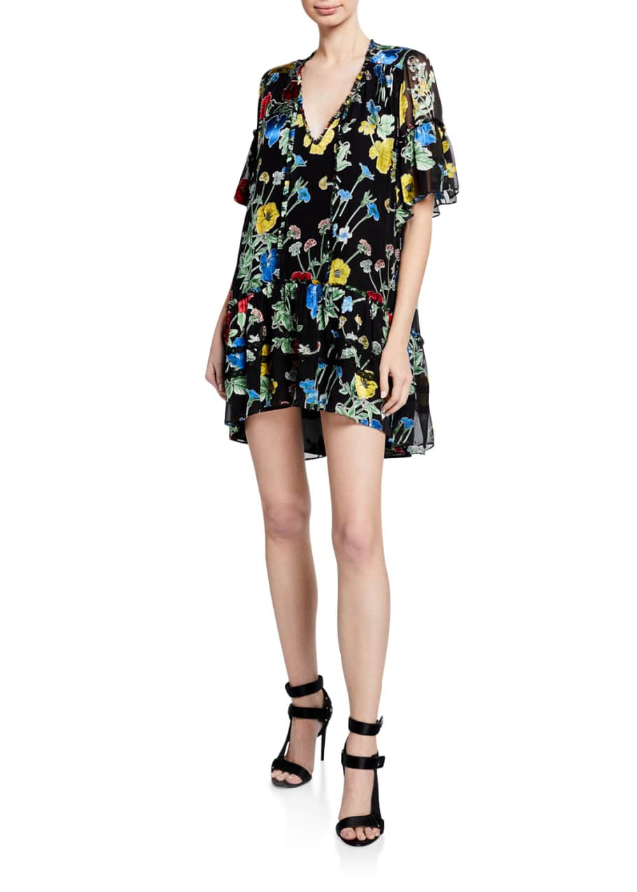 Alice Olivia Pauline Floral Print Ruffle Tunic Mini Dress