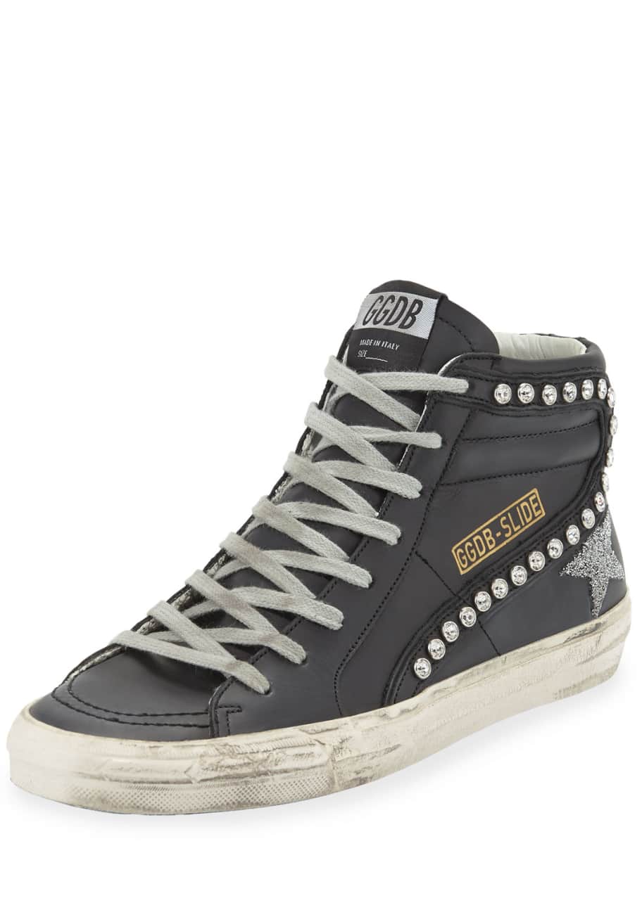 Image 1 of 1: Leather Crystal-Embellished High-Top Sneakers