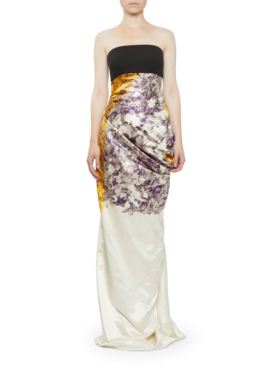Dries Van Noten Dinastie Floral Strapless Column Gown with Draped