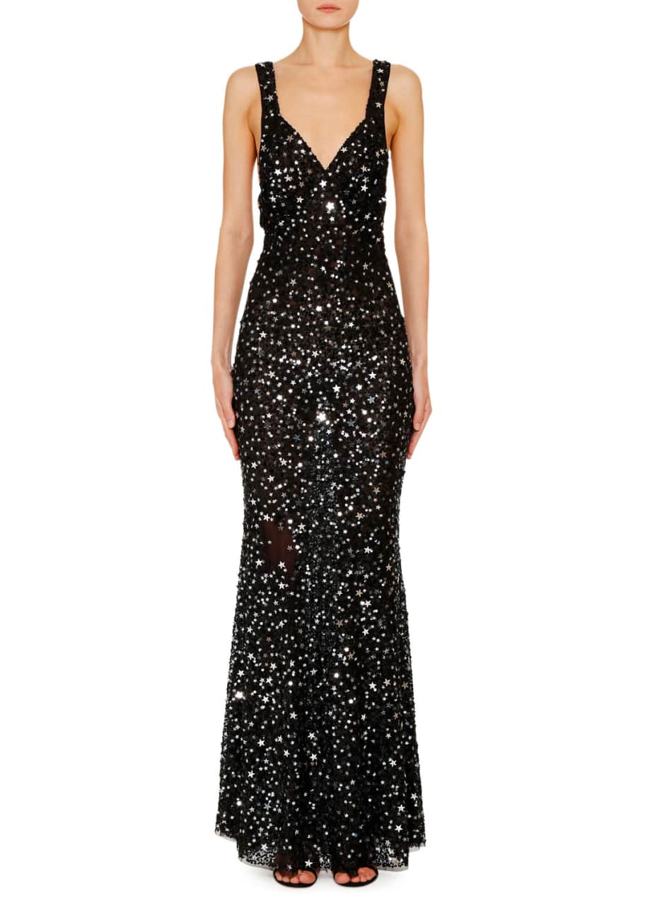 Image 1 of 1: Star-Sequined V-Neck Evening Gown