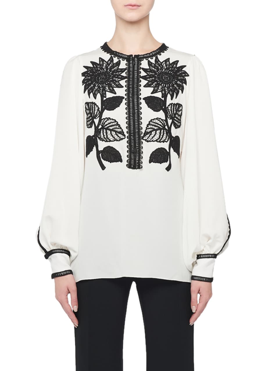 Andrew Gn Sunflower-Embroidered Silk Peasant Blouse - Bergdorf Goodman
