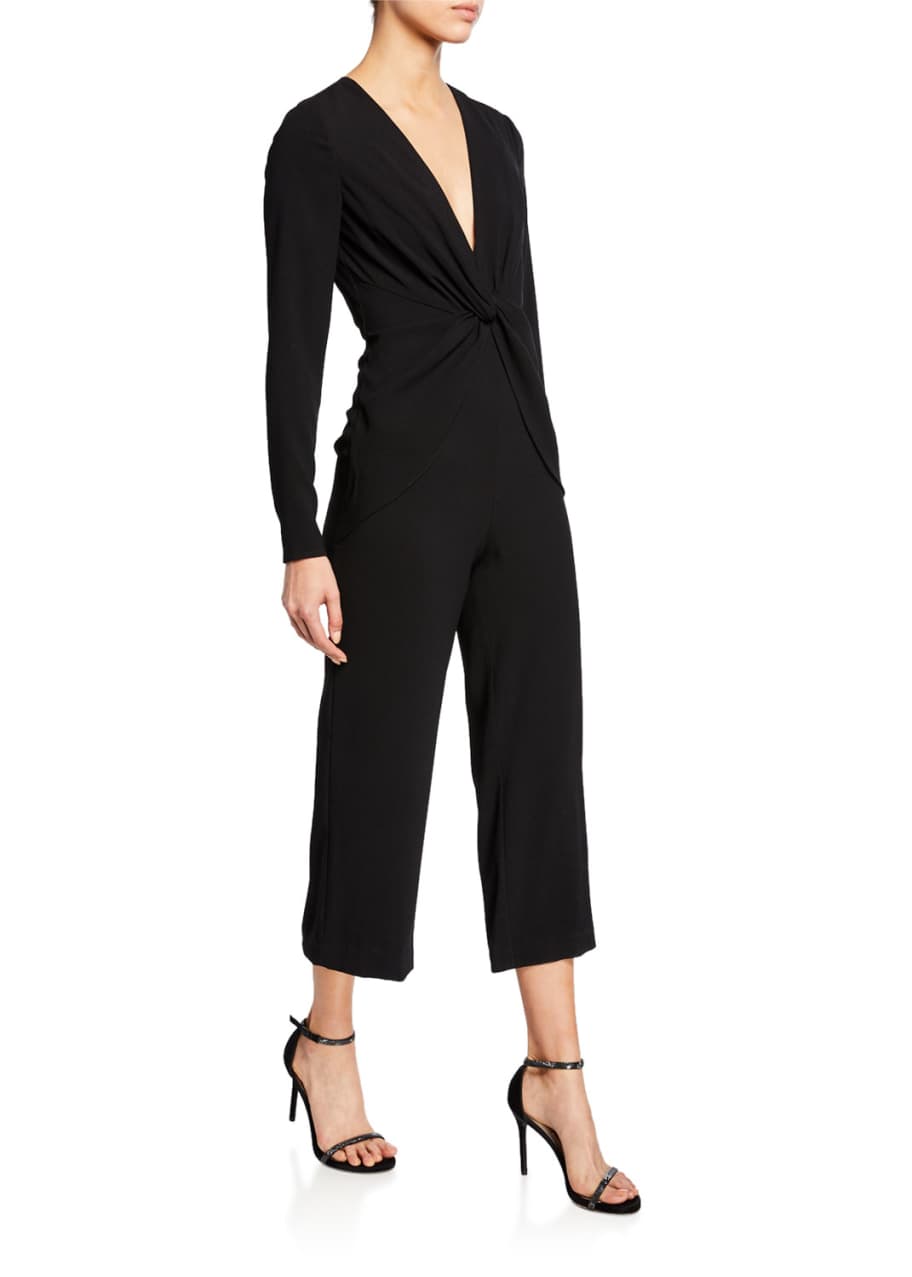 V Neck Long Sleeve Twist Front Cropped Jumpsuit