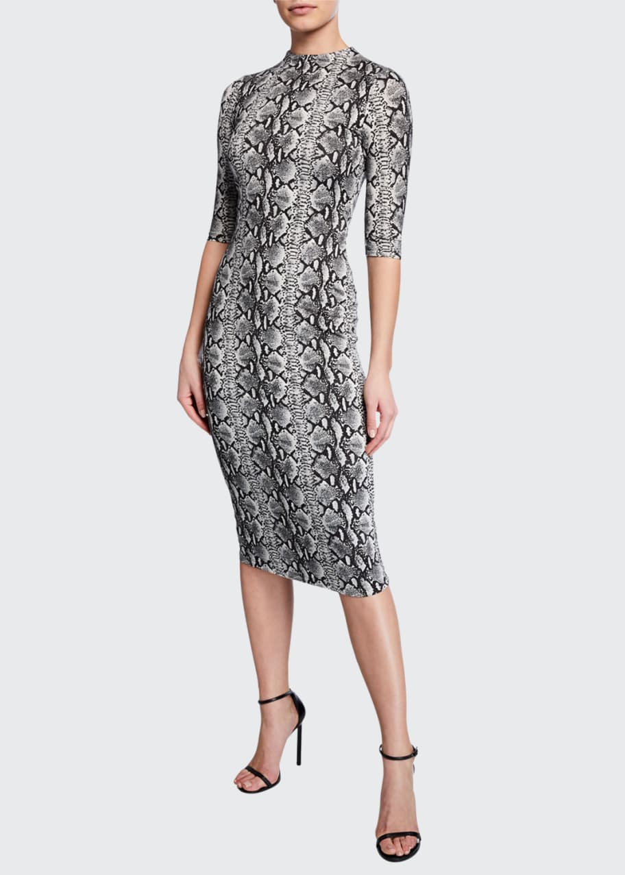 Image 1 of 1: Delora Snake-Print Mock-Neck Elbow-Sleeve Fitted Dress