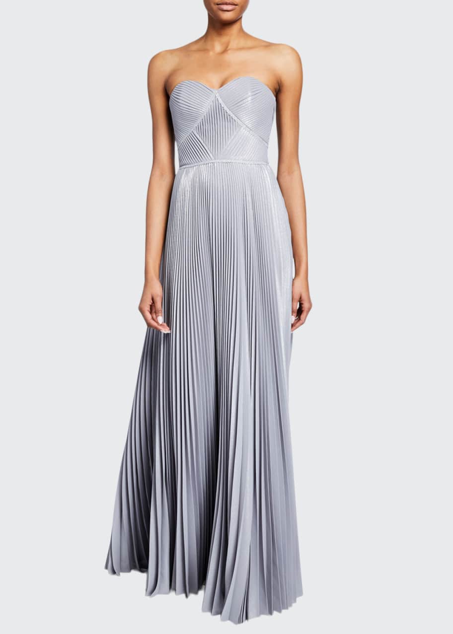 Marchesa Notte Strapless Pleated Lame Gown with Metallic Trim