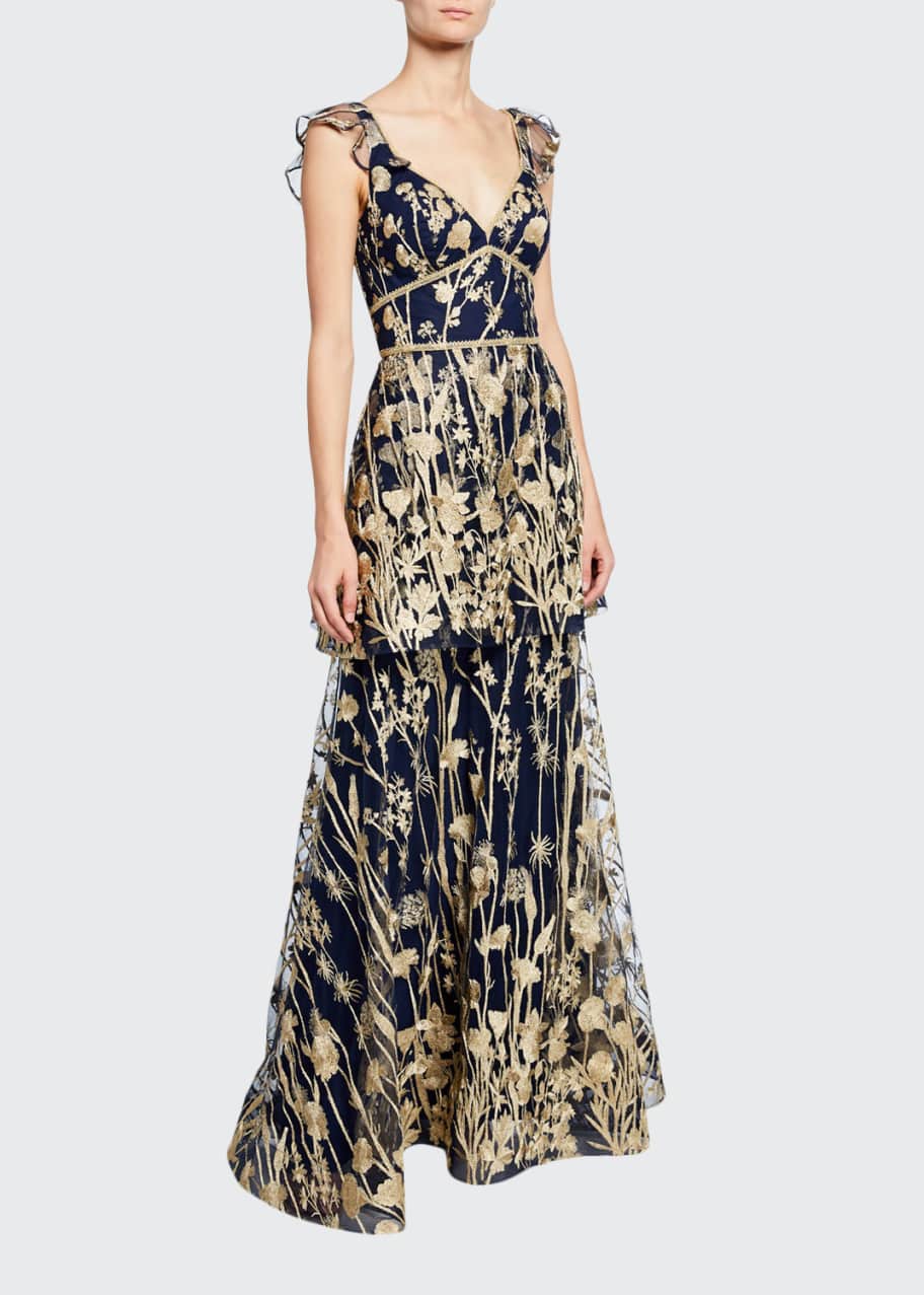 Marchesa notte plunge neck embroidered gown hotsell