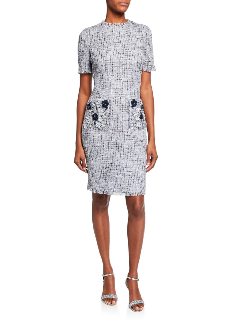 Rickie Freeman for Teri Jon Crewneck Short-Sleeve Tweed Dress with 3D ...