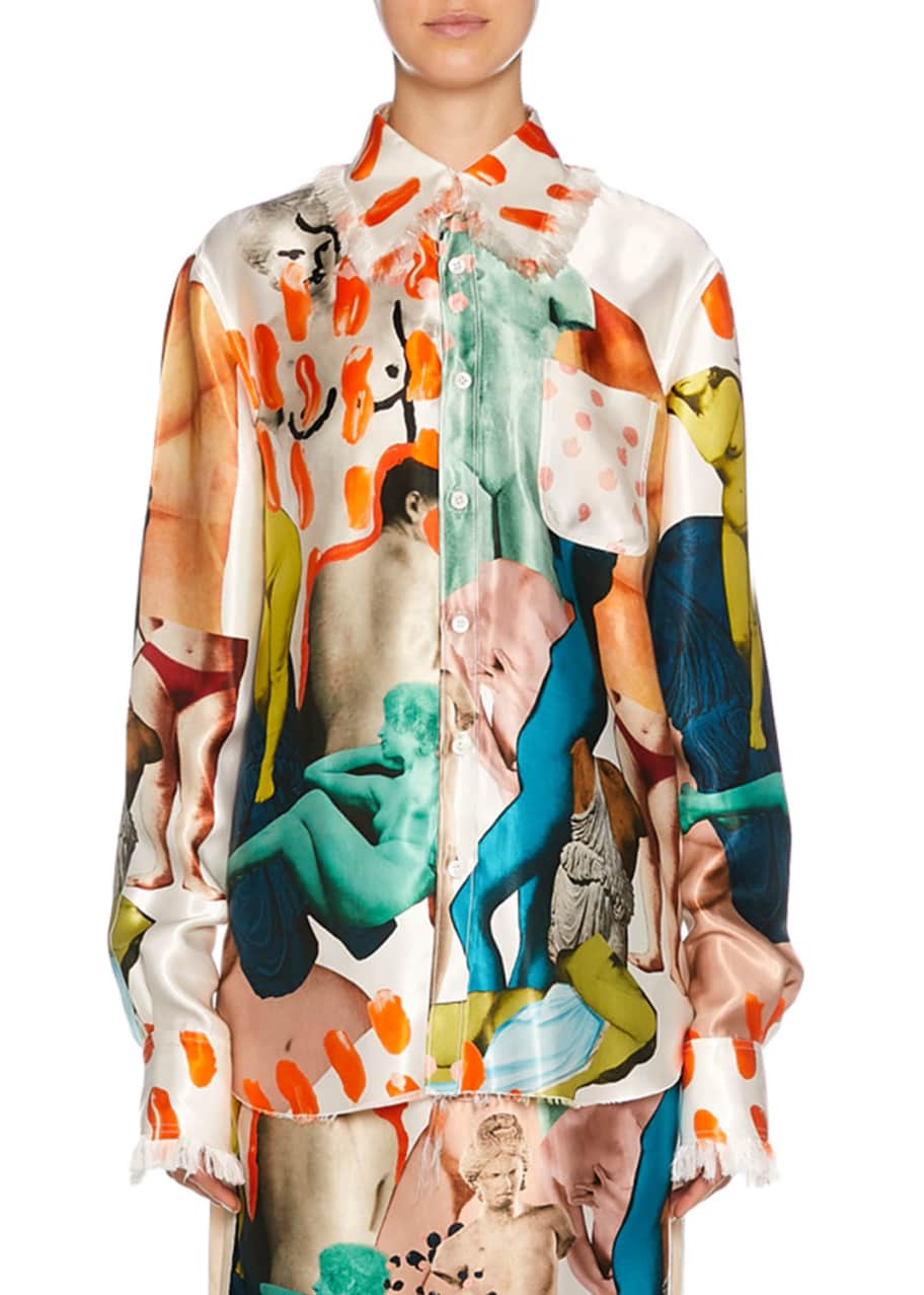 Image 1 of 1: Long-Sleeve Art Collage Silk Button-Front Shirt