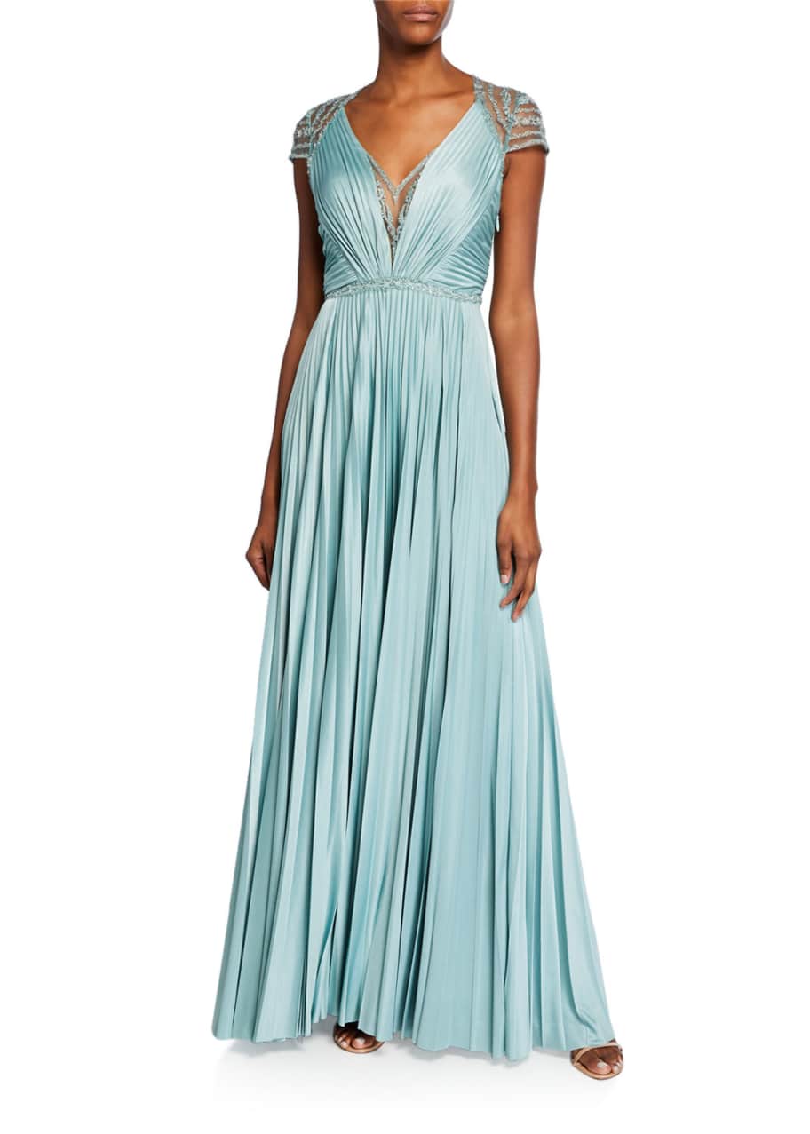 Image 1 of 1: Mary V-Neck Cap-Sleeve Pleated Jersey Gown w/ Beaded Embroidery