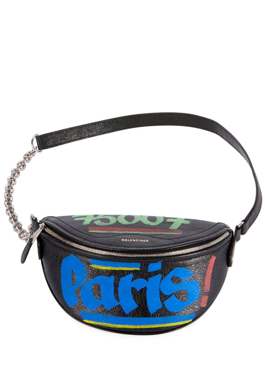 BALENCIAGA Agneau Souvenir XXS Paris Graffiti Belt Bag Black White