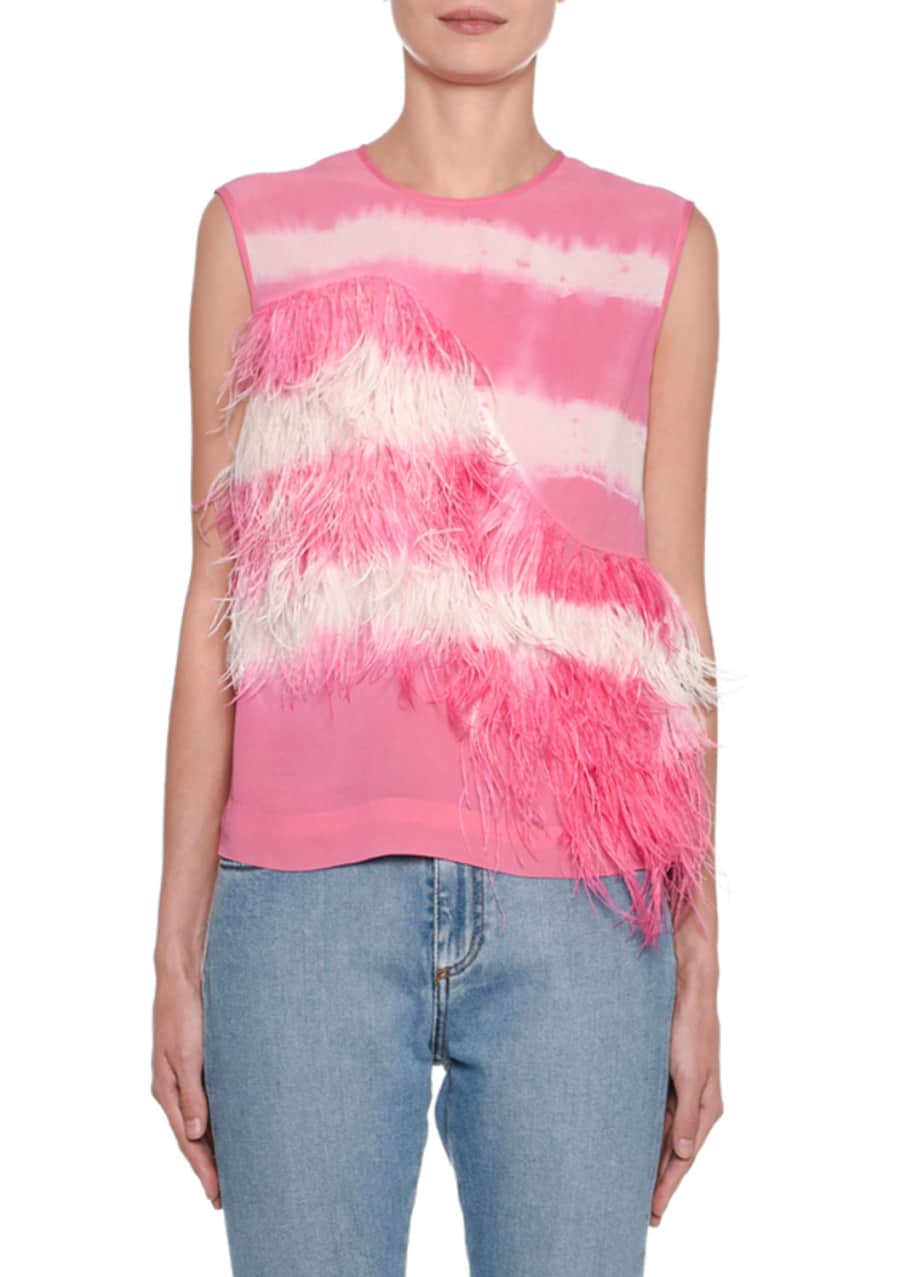 Image 1 of 1: Tie-Dye Sleeveless Striped Top with Feathers