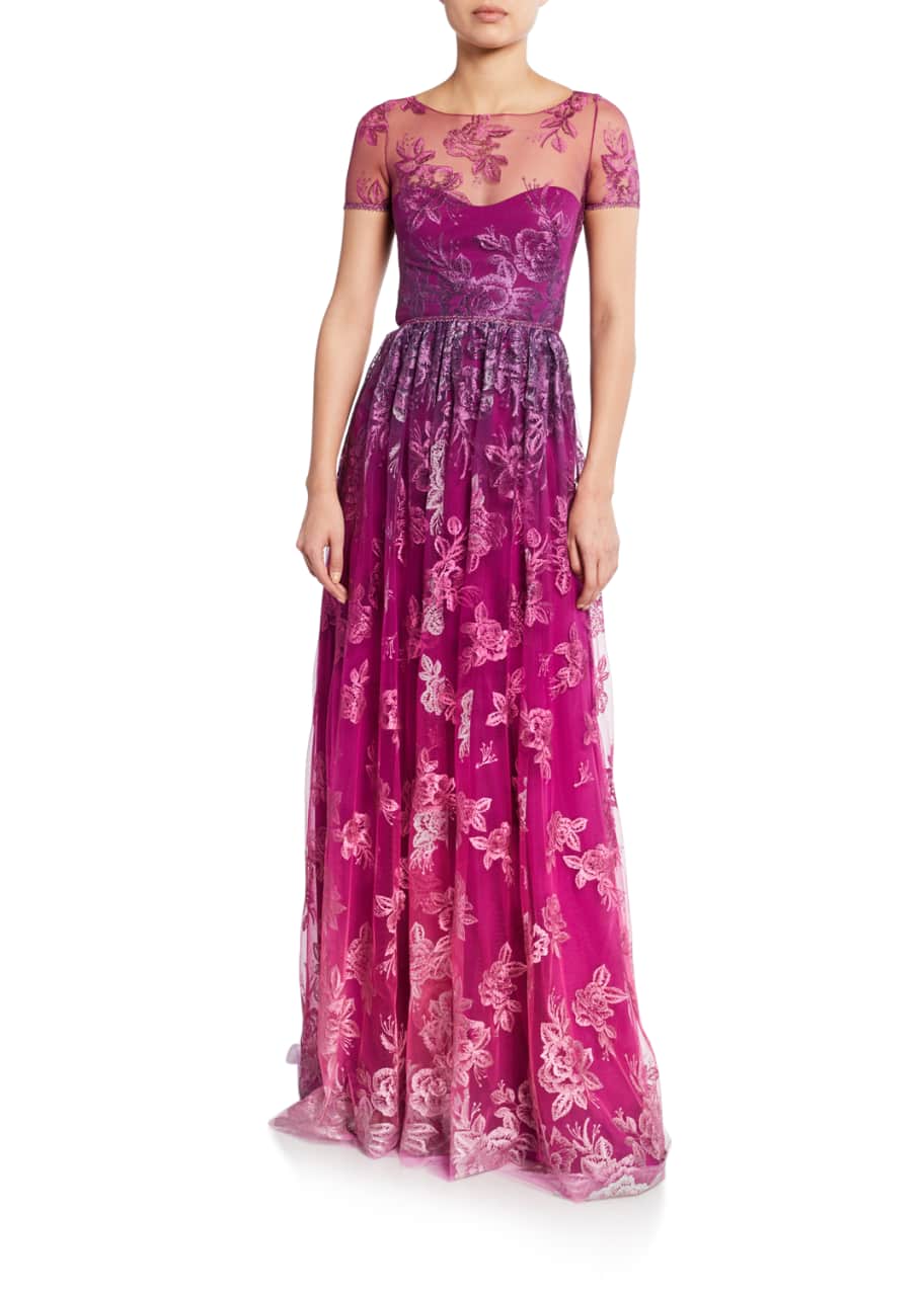Ombre Metallic Embroidered Short Sleeve Illusion Gown with Open Back