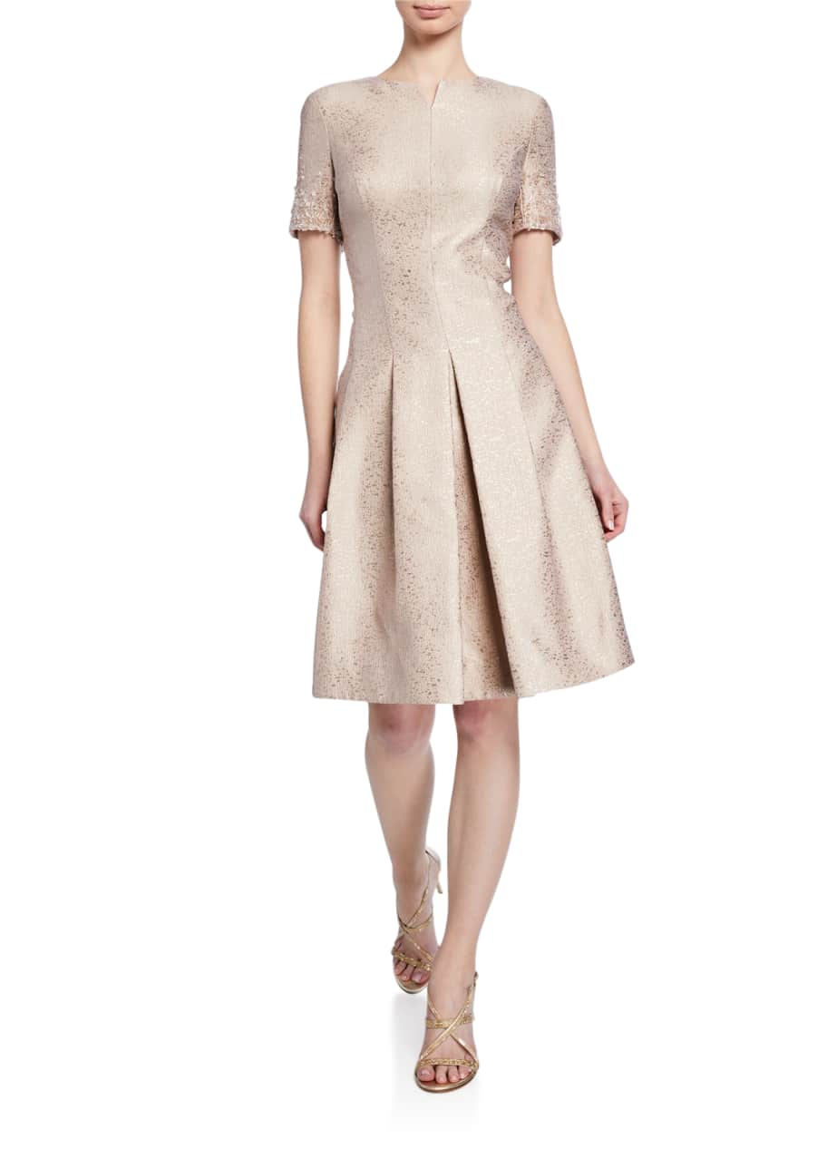 Image 1 of 1: Metallic Jacquard Short-Sleeve Dress with Crystal Trim