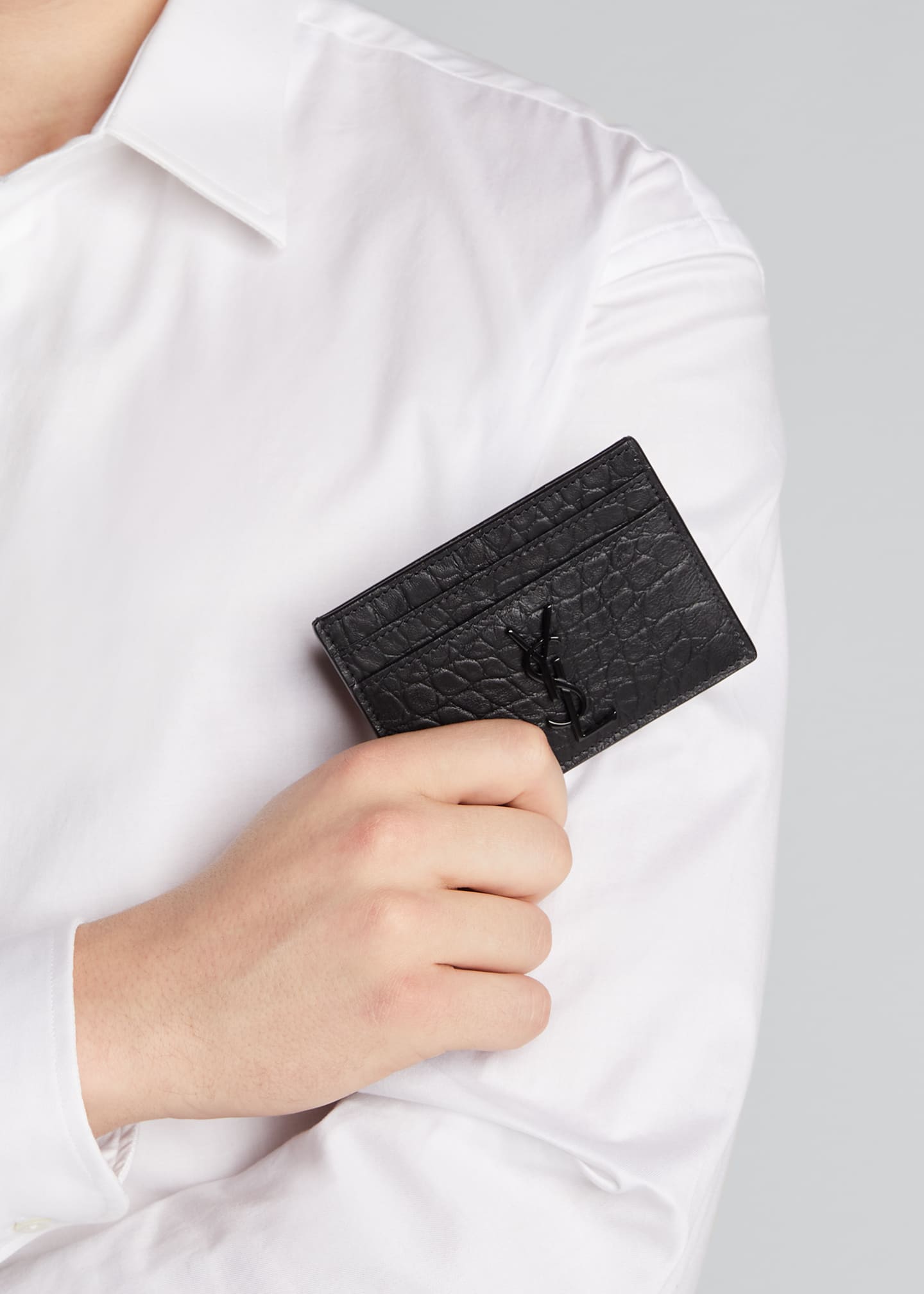 Saint Laurent YSL Monogram Croc-Embossed Leather Card Case, Black