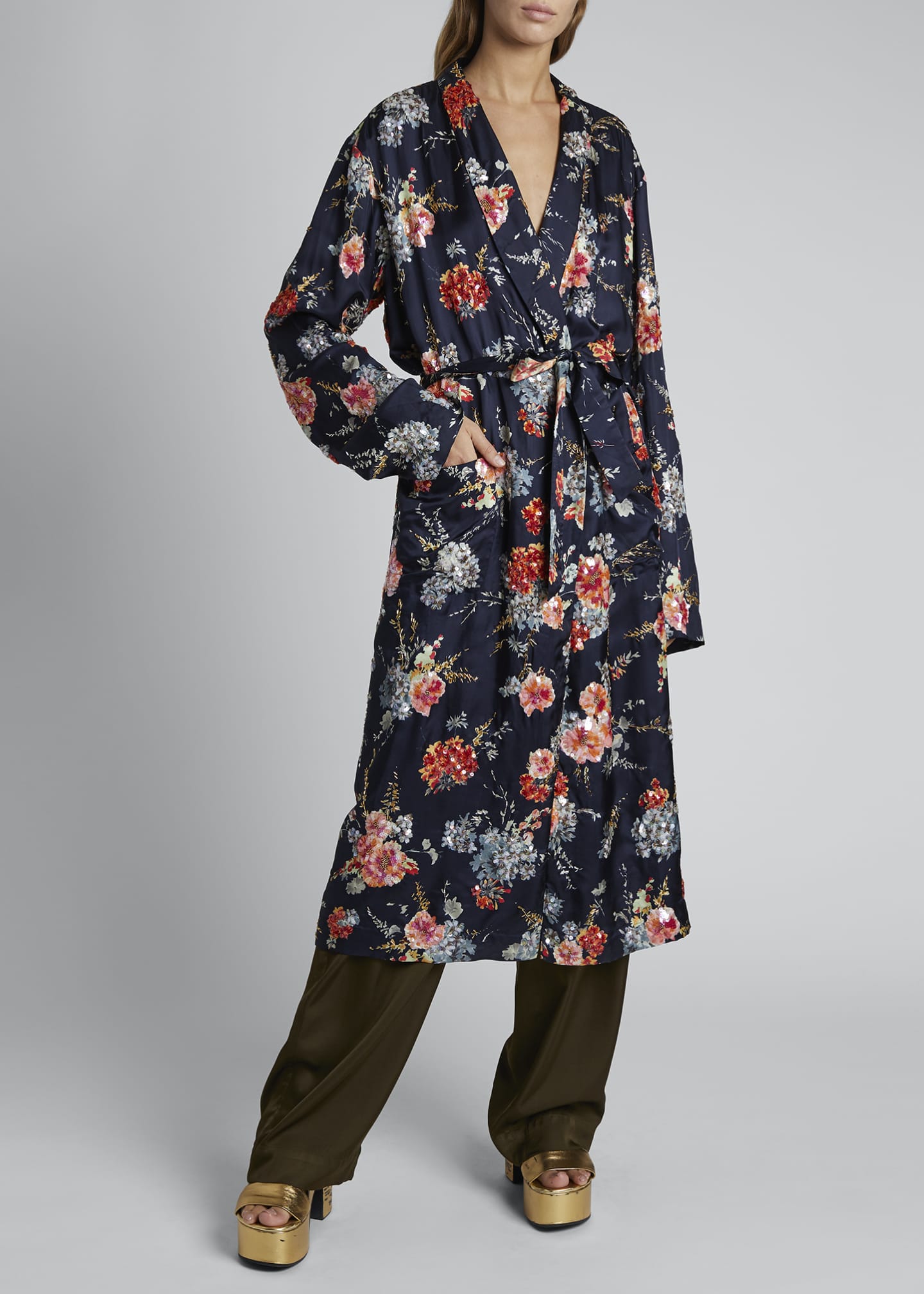 Dries Van Noten Charly Floral Tie-Front Robe Coat Image 1 of 3