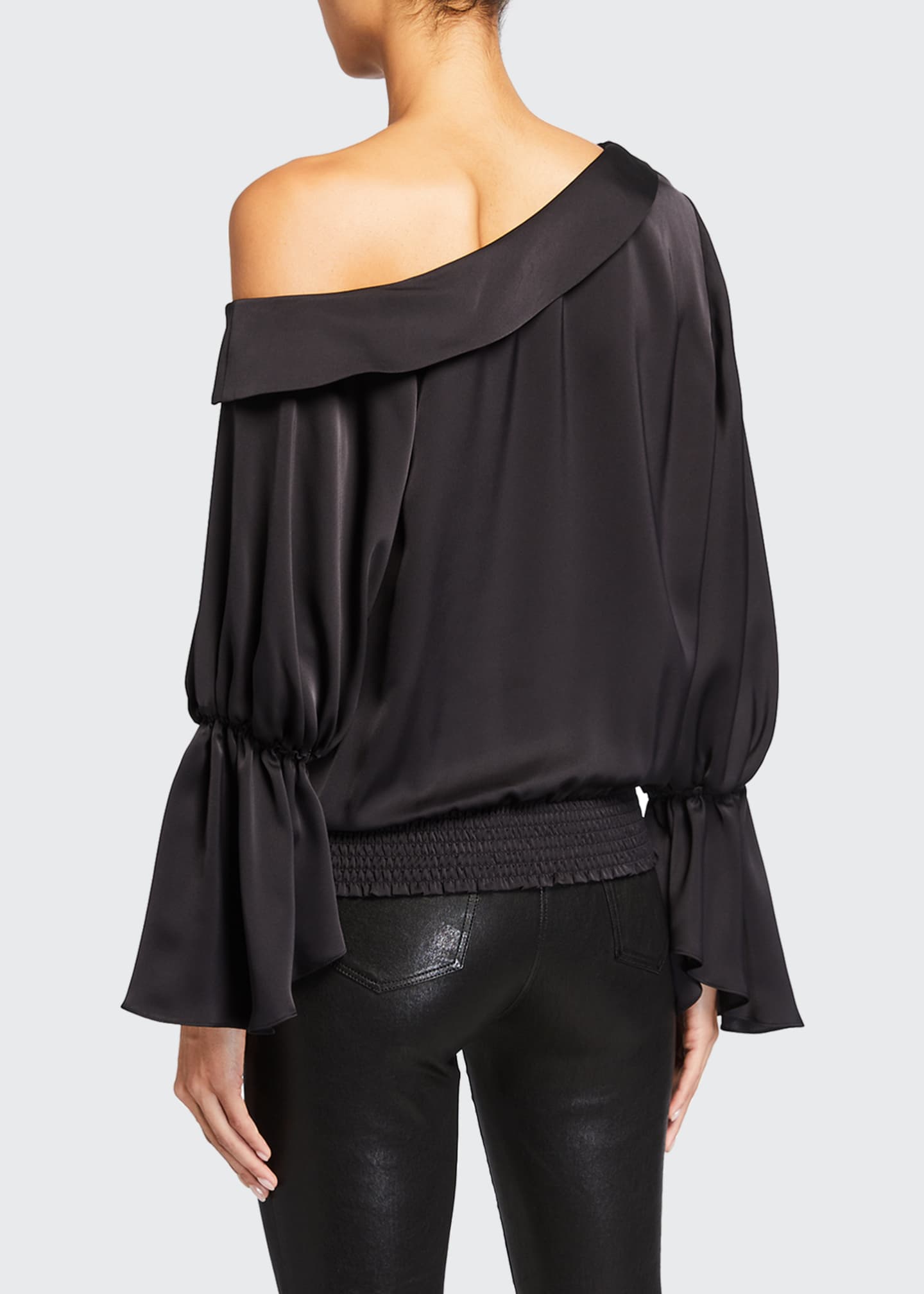 Ramy Brook Sammy One-Shoulder Flare-Sleeve Satin Top Image 2 of 2