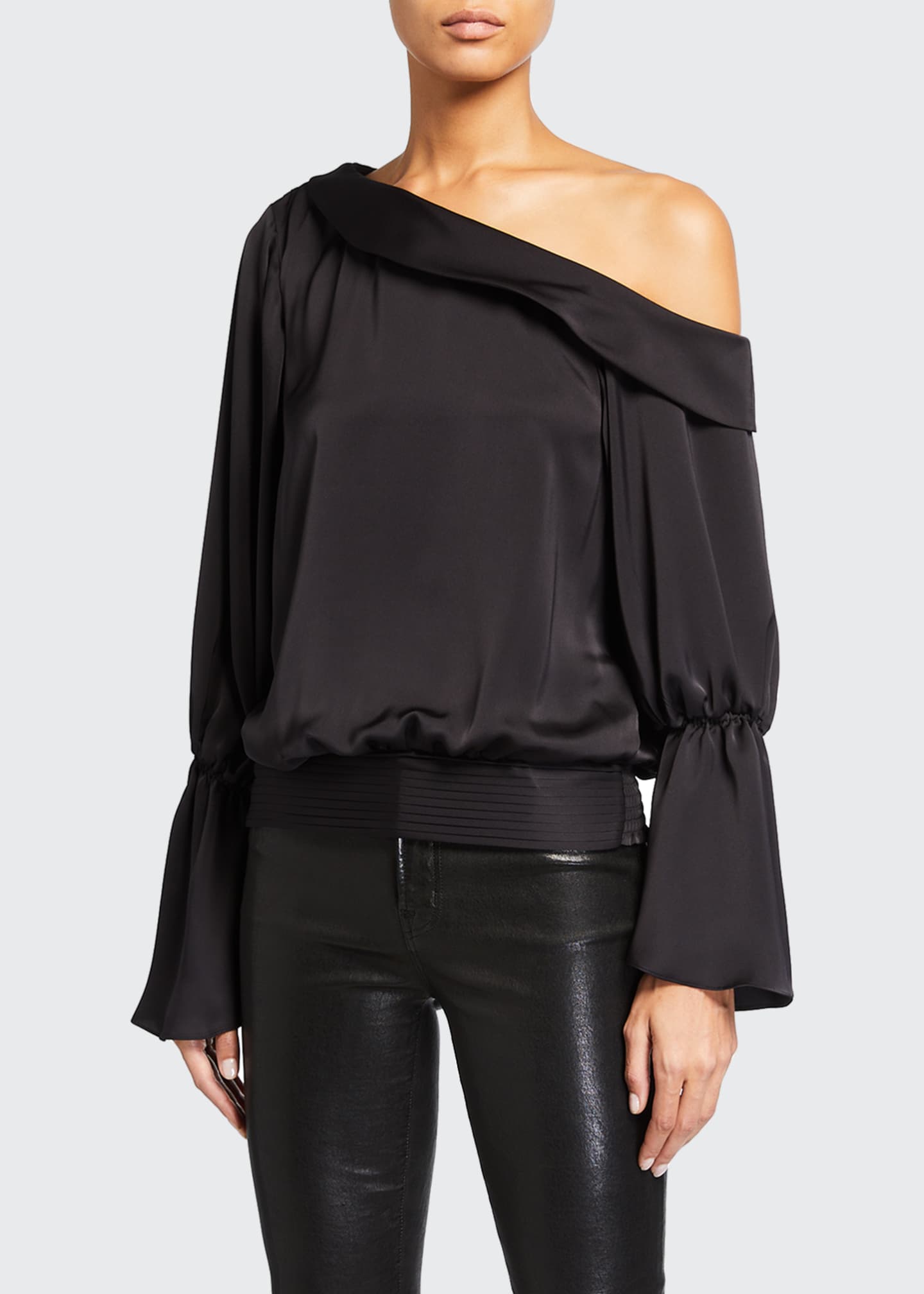 Ramy Brook Sammy One-Shoulder Flare-Sleeve Satin Top Image 1 of 2