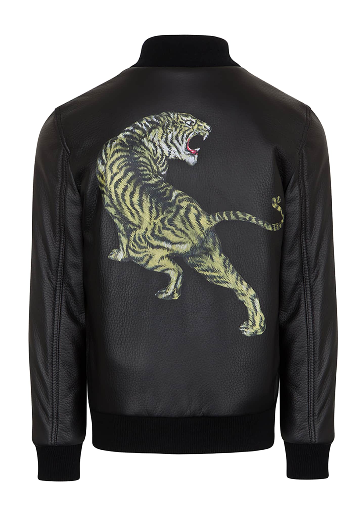 Stefano Ricci Boy's Tiger Embroidered Leather Bomber Jacket, Size 4-14, Black, 12, Boys Apparel Jackets