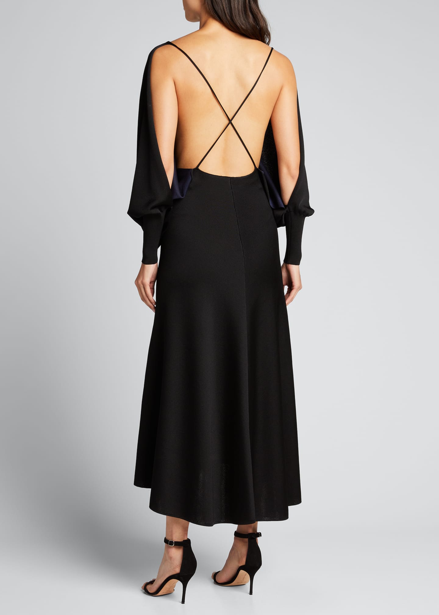 Victoria Beckham Compact Shine Draped-Sleeve Open-Back Midi Dress ...