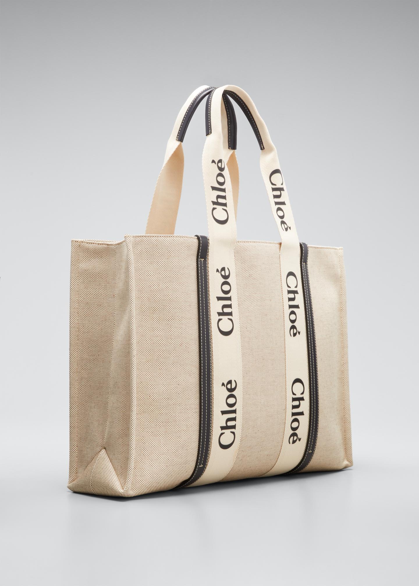 chloe woody large logo canvas shopper tote bag