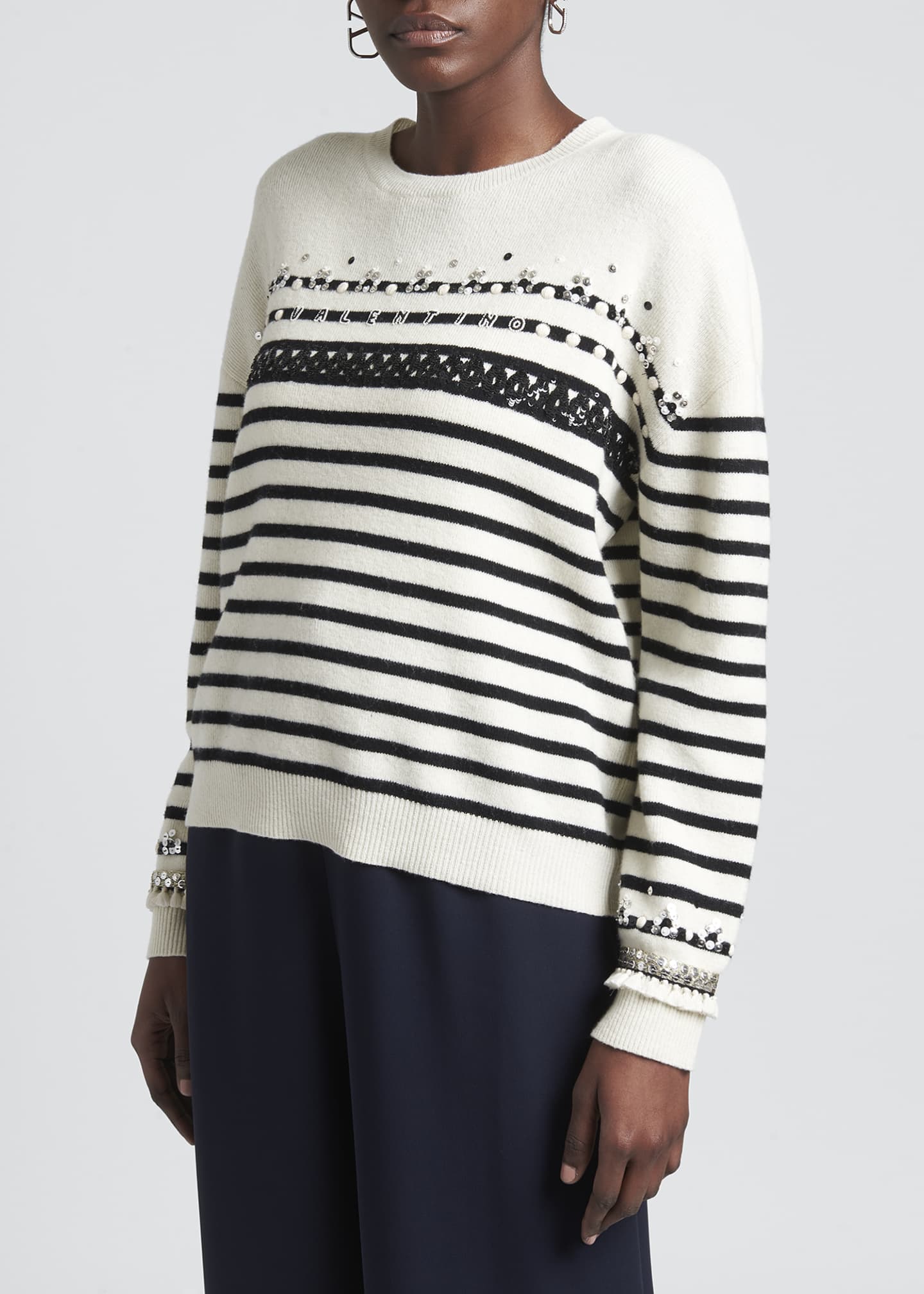 Valentino Striped Embroidered Wool-Blend Sweater - Bergdorf Goodman