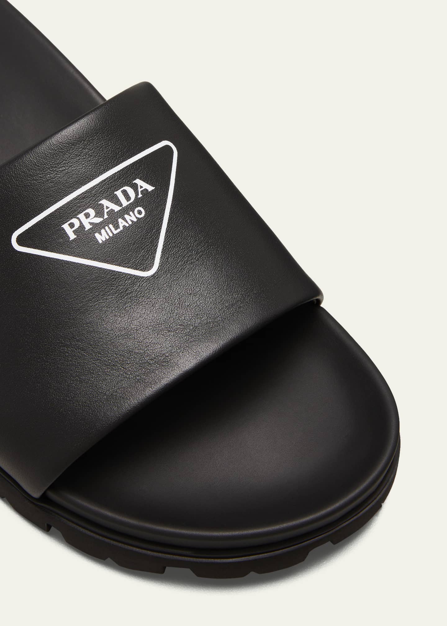 Prada Men's Leather Logo Slide Sandals - Bergdorf Goodman