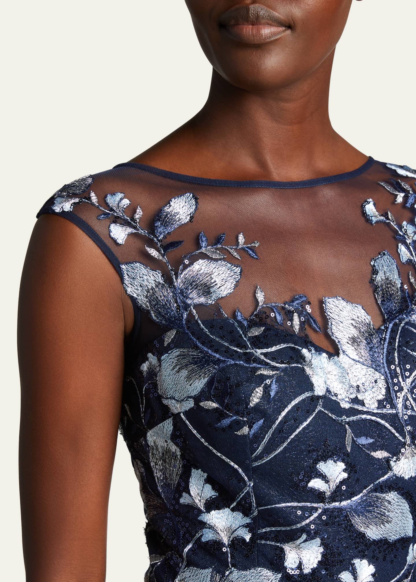 Rickie Freeman for Teri Jon Cap-Sleeve Embroidered Tulle A-Line