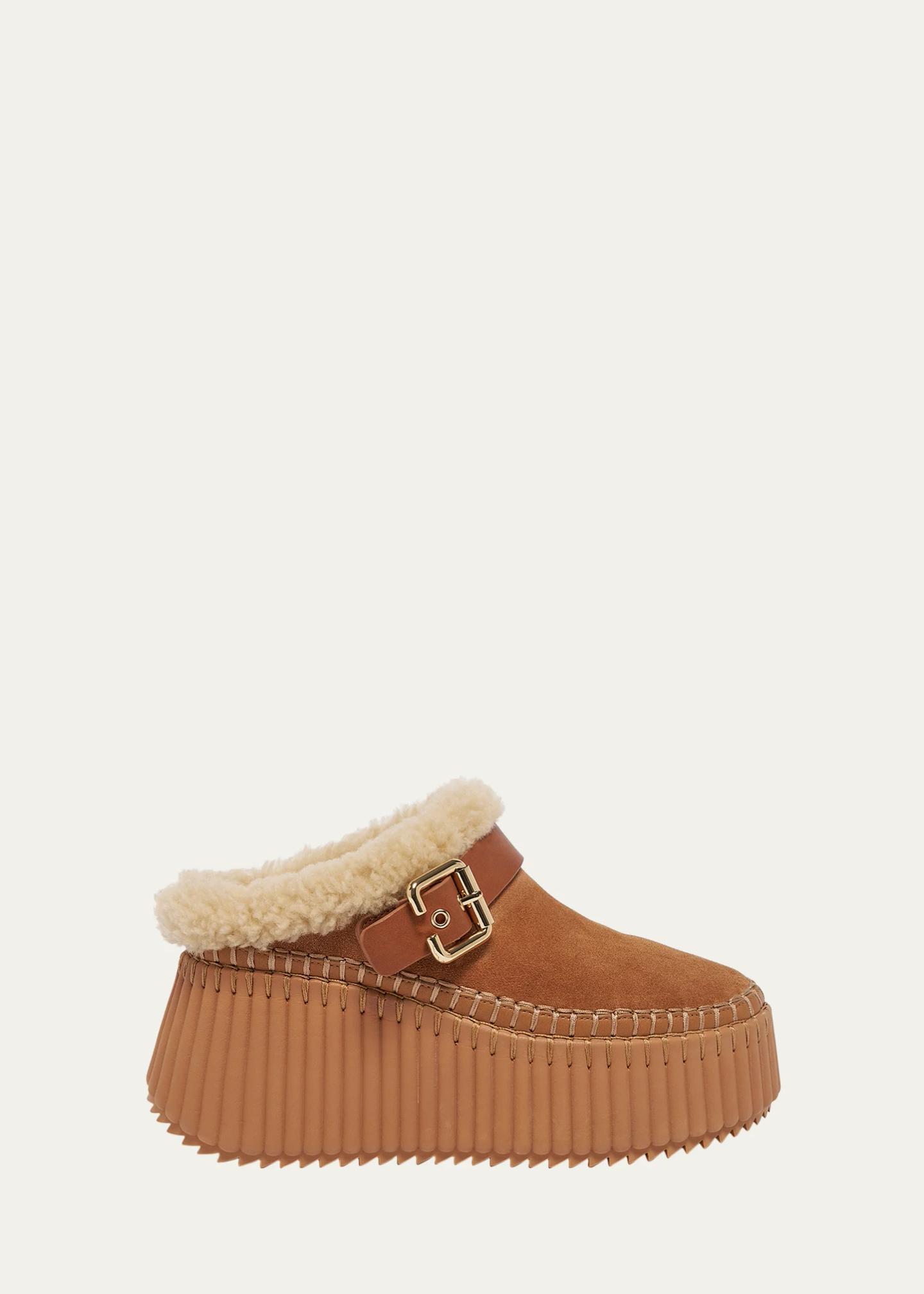 Chloe Nama Suede Shearling-Lined Platform Clogs - Bergdorf Goodman