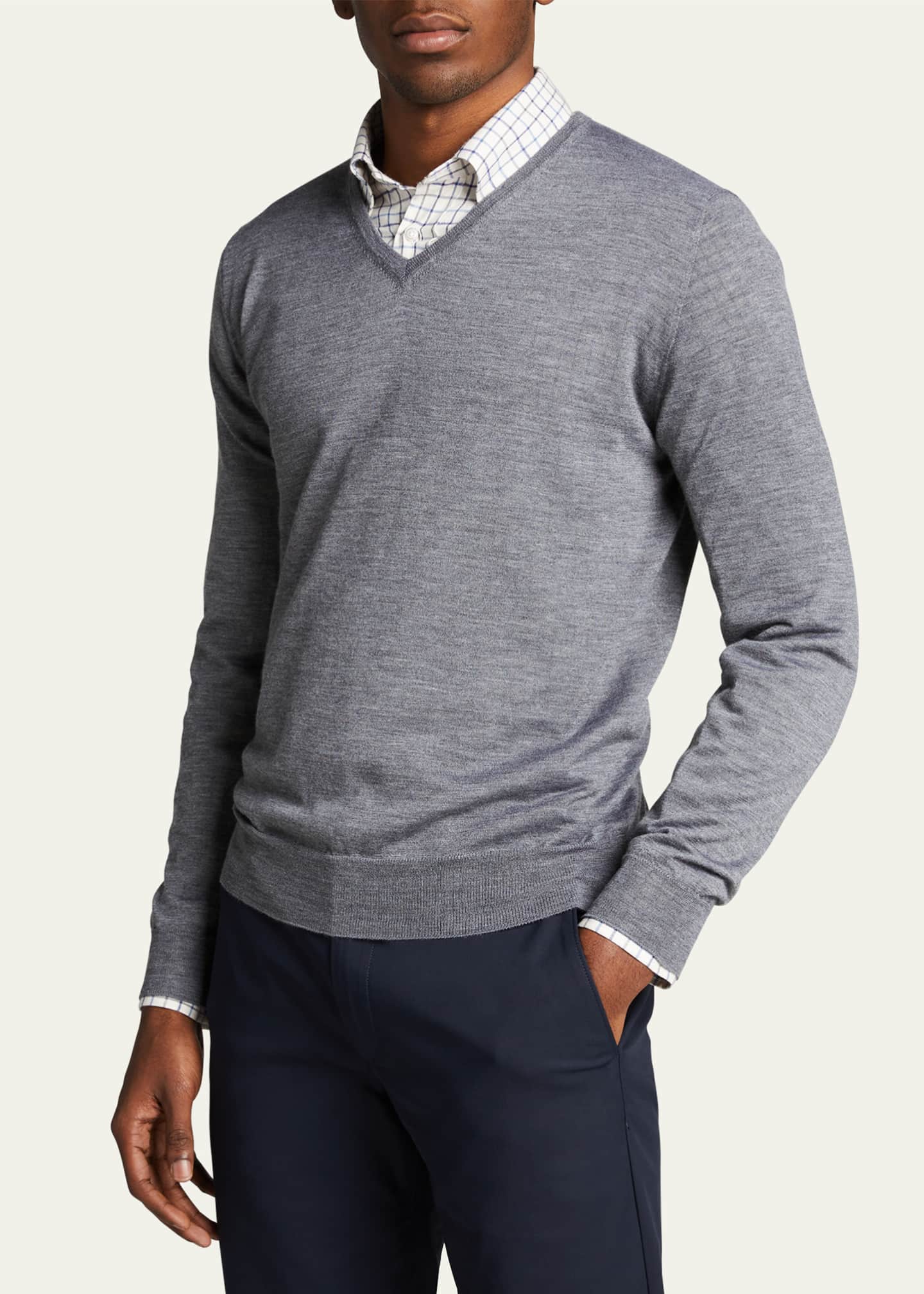 Bergdorf Goodman Men's Solid Cashmere V-Neck Sweater Image 4 of 5
