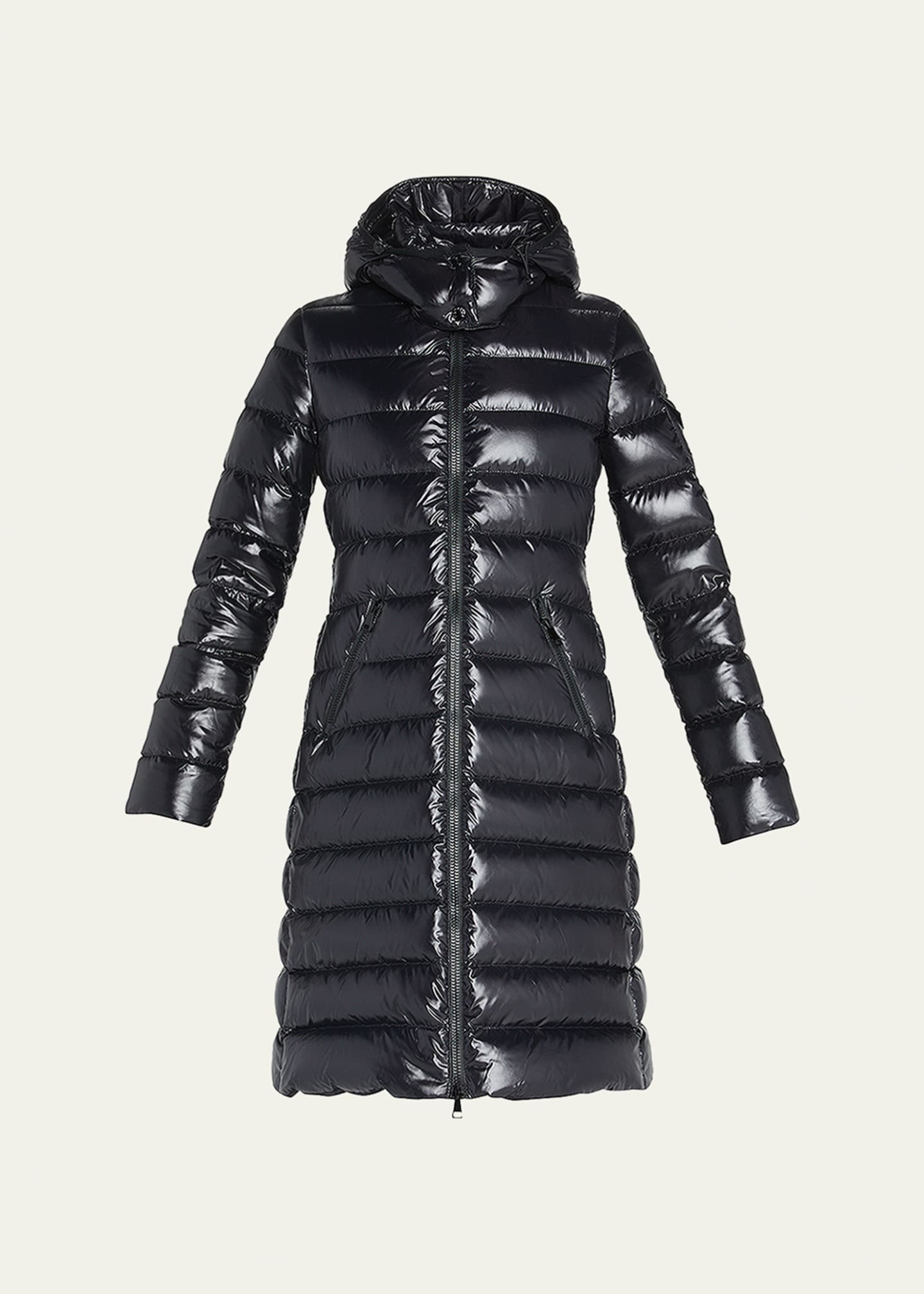 Moncler Moka Shiny Fitted Puffer Coat with Hood