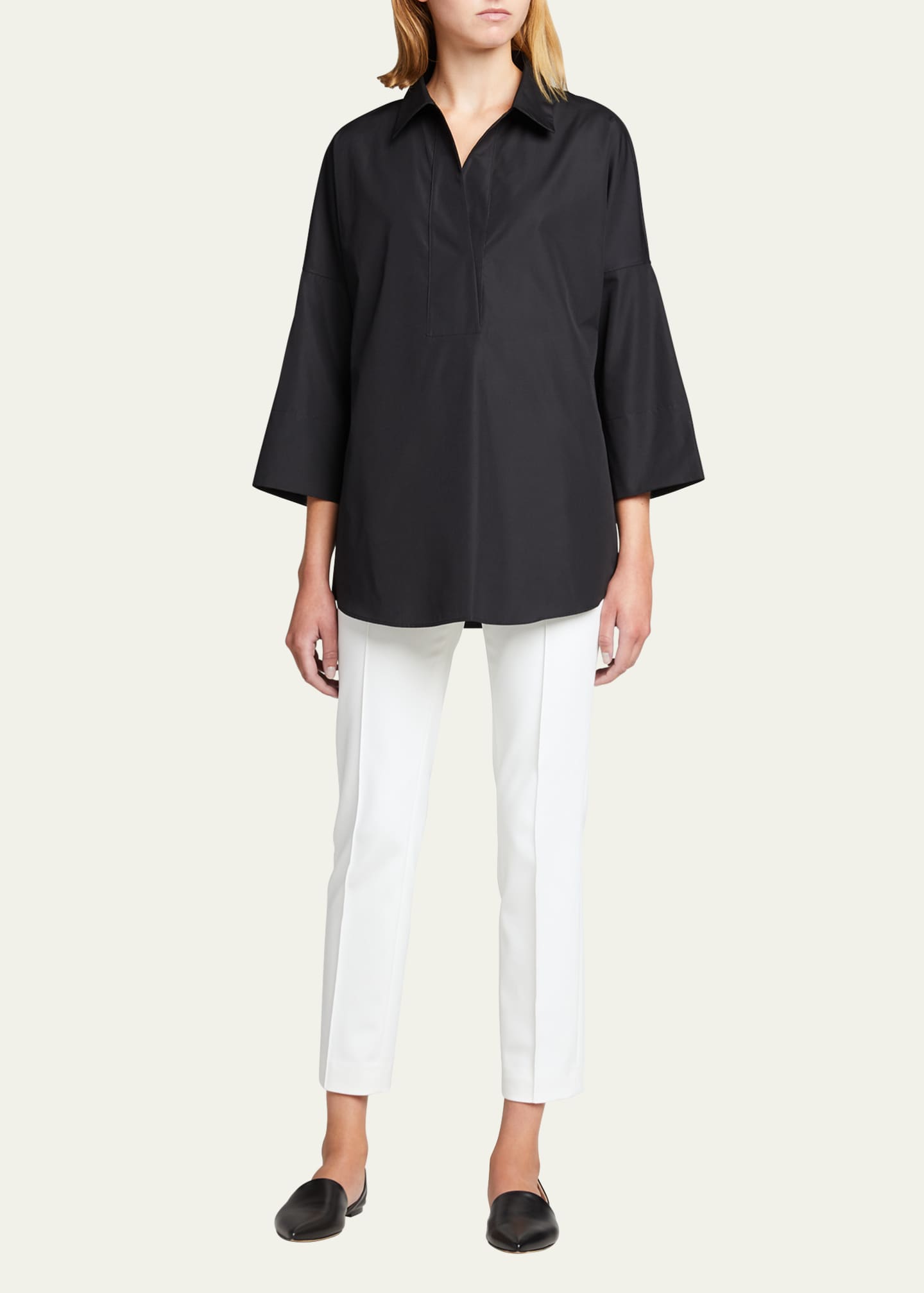 Akris punto KimonoSleeve SplitNeck Blouse, White Bergdorf Goodman