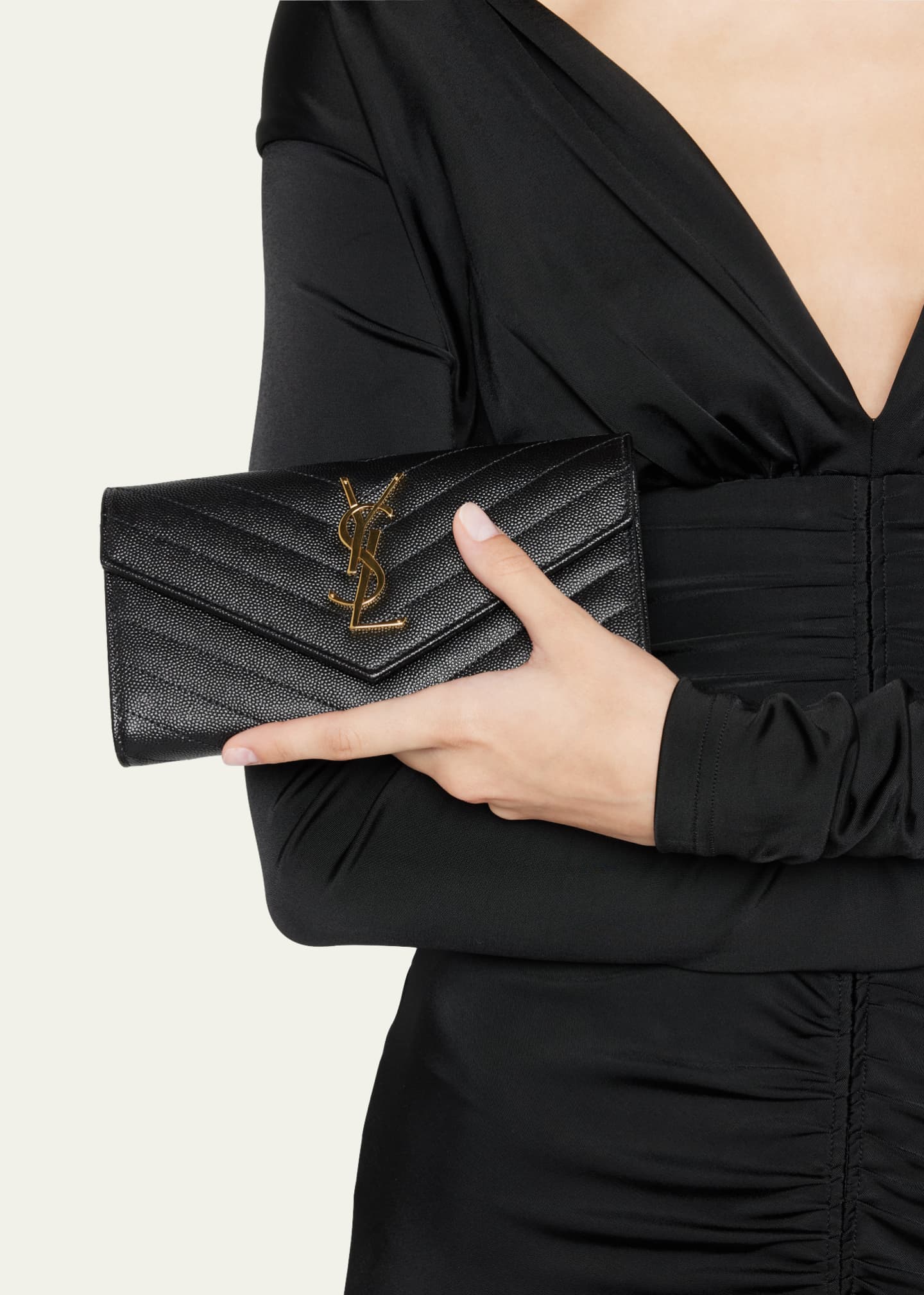 Saint Laurent YSL Large Grain De Poudre Flap Wallet Black