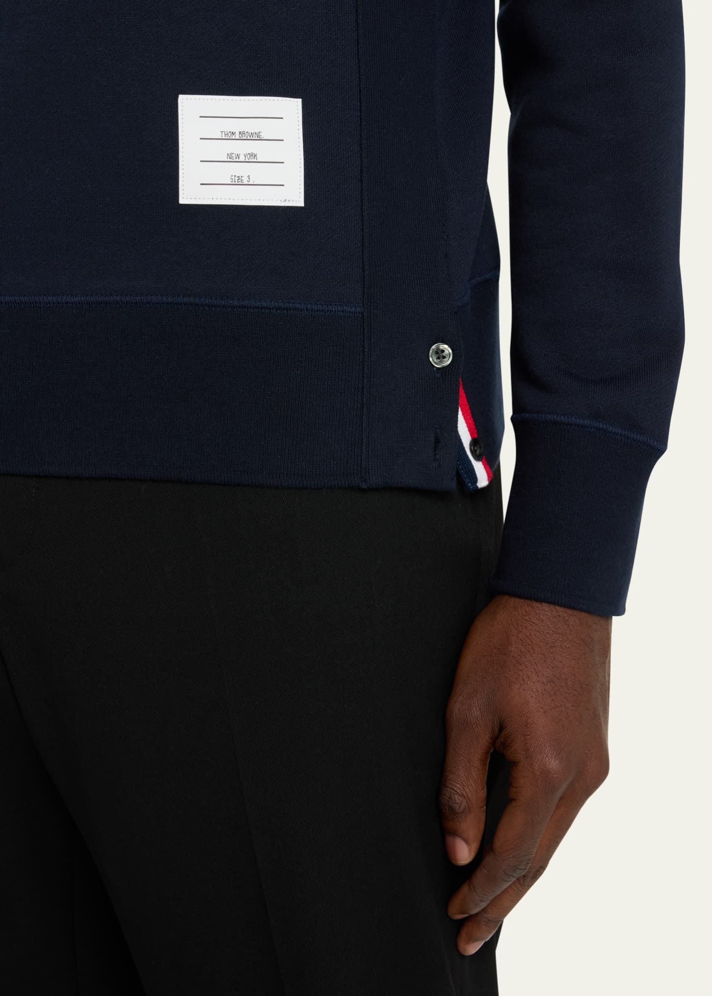 Thom Browne Men s Classic Crewneck Sweatshirt with Striped Sleeve Bergdorf Goodman